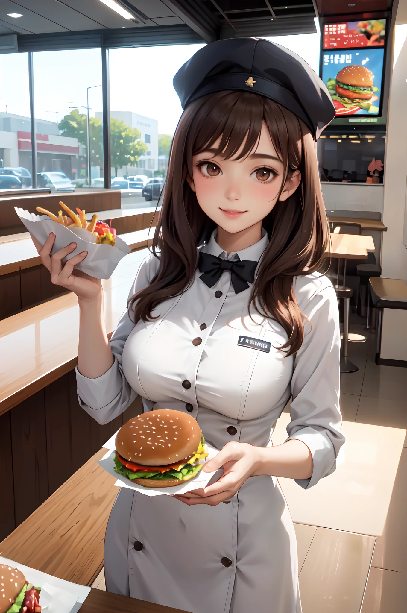 1lady solo standing, /(staff uniform/) cap, /(brown hair/) bangs, blush kind smile, (masterpiece best quality:1.2) delicate illustration ultra-detailed, large breasts BREAK /(fast food restaurant/), detailed background