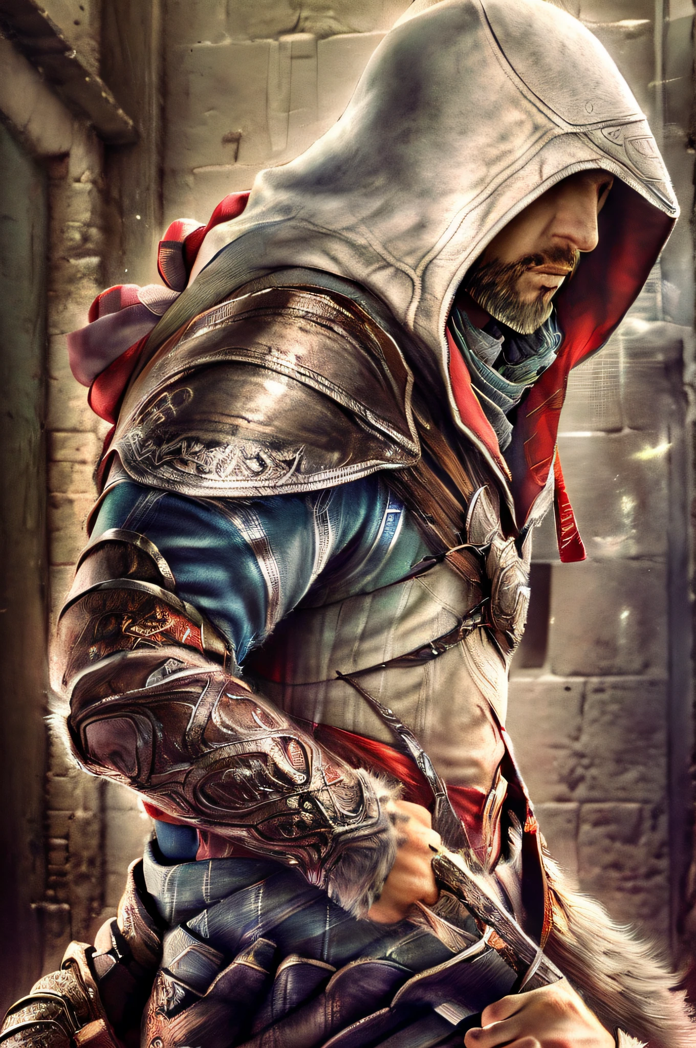 (masterpiece, top quality, best quality, official art, detailed:1.2),ezio_soul3142, solo, 1boy, weapon, male focus, hood, armor, facial hair, blade, beard, realistic, vambraces, manly