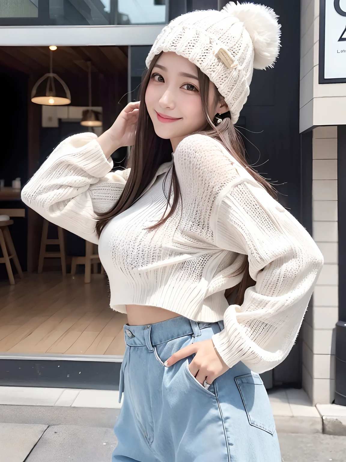 (4 k、top-quality)、(realisitic、Photorealsitic)、(Yakian)、
1girl in、独奏、fullllbody、(Back view)、
perfect hand、up looking_で_the viewer、
whiteshirt、
Ginza City at noon、Daytime、finerly detailed face、Slightly chubby、The best smile、You can see the double teeth、white hairband、Chest wide open、Light brown long curled hair,,(super gigantic breast:1.2)、(Big size long sleeve knit:1.2), Palazzo pants, long boots, Beanie hat (Cameltoe),35 year old、Nogizaka Idol、actress、Korean Idol、hposing Gravure Idol,place one's arms behind one's back,raise both arm,(Aside)、Model Standing、