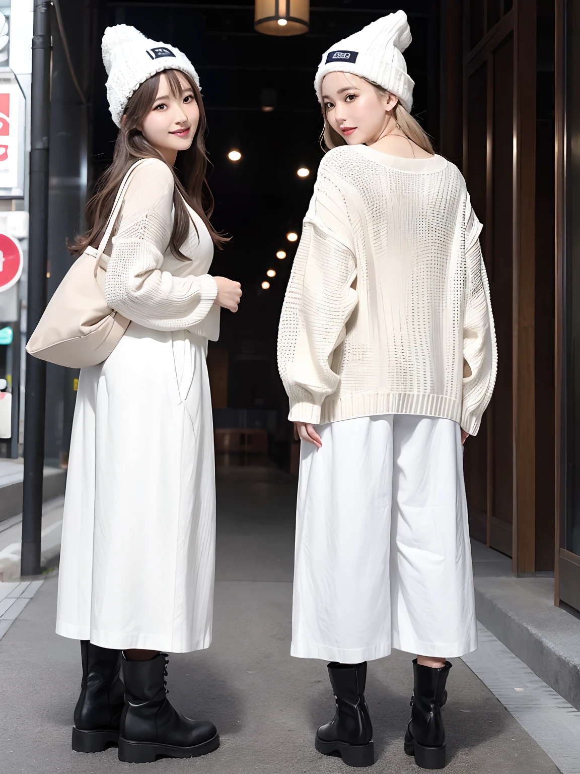 (4 k、top-quality)、(realisitic、Photorealsitic)、(Yakian)、
1girl in、独奏、fullllbody、(Back view)、
perfect hand、up looking_で_the viewer、
whiteshirt、
Ginza City at noon、Daytime、finerly detailed face、Slightly chubby、The best smile、You can see the double teeth、white hairband、Chest wide open、Light brown long curled hair,,(super gigantic breast:1.2)、(Big size long sleeve knit:1.2), Palazzo pants, long boots, Beanie hat (Cameltoe),35 year old、Nogizaka Idol、actress、Korean Idol、hposing Gravure Idol,place one's arms behind one's back,raise both arm,(Aside)、Model Standing、