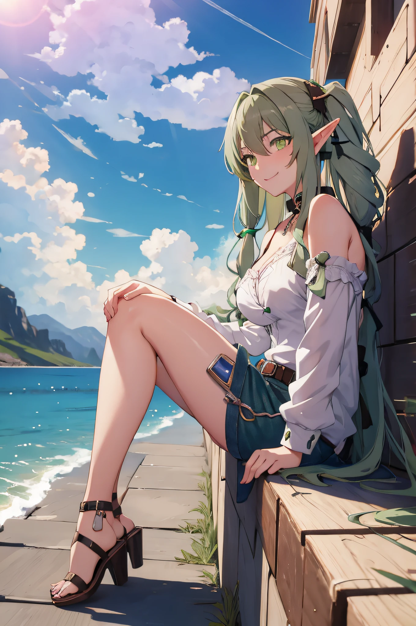 (masterpiece, best quality, detailed) ,1girl, highelfarcher, high elf archer, elf, (green eyes:1.5), (green hair:1.2), hair between eyes, long hair, pointy ears, sidelocks, jeans walking down the street,cute anime girl, pretty anime girl, smooth anime cg art, beautiful anime girl, attractive anime girl, ecchi anime style, seductive anime girl.teasing smile, clean detailed anime art,high resolution, (perfect hands, perfect anatomy),