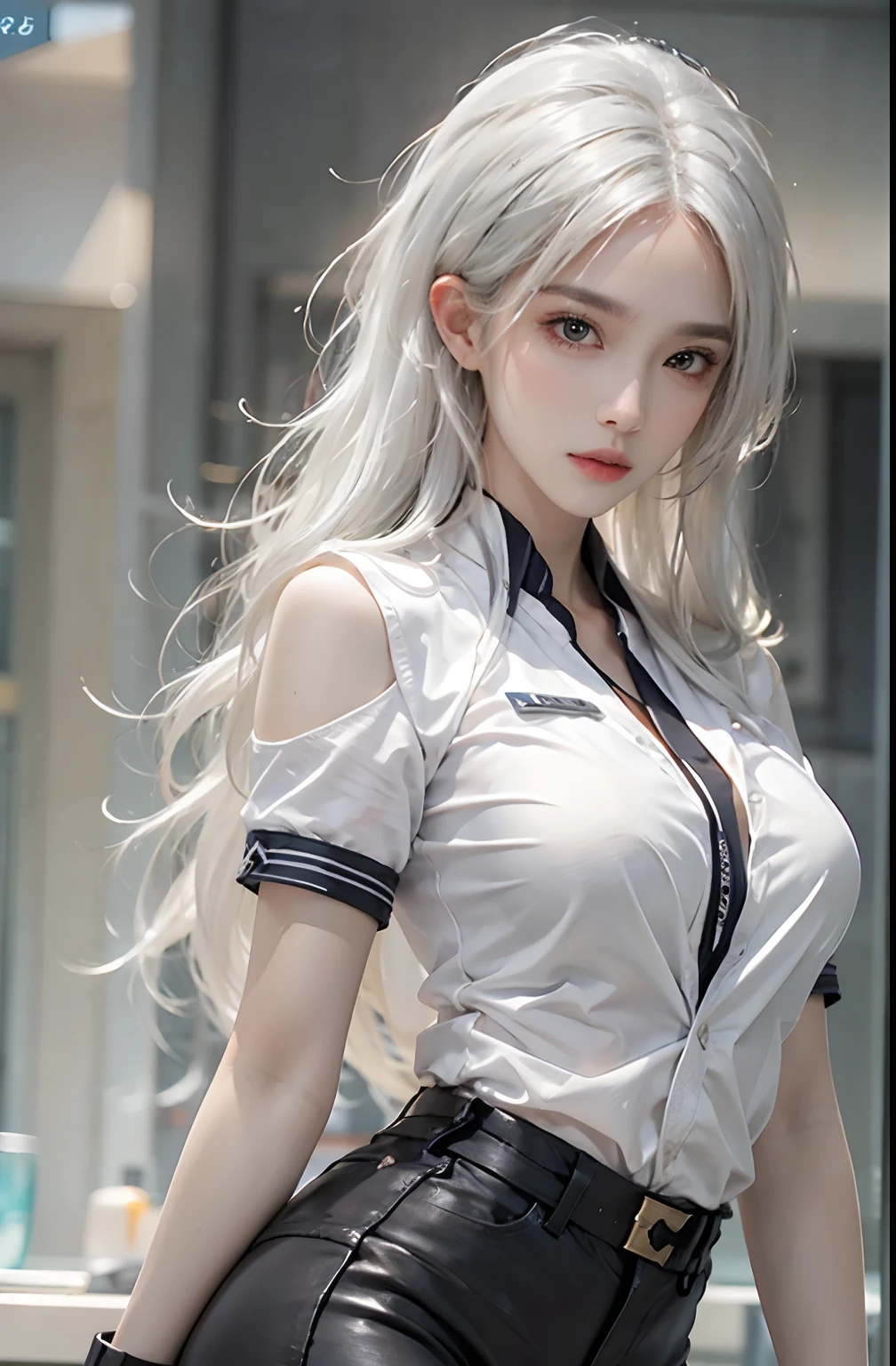 ((Best quality, 8k, Masterpiece :1.3)), Whole body, Sharp focus :1.2, A pretty woman with perfect figure :1.4, Slender abs :1.2, ((light silver hair, medium breasts :1.2)), body skirt :1.5, (Night city view, luxury office :1.1), Highly detailed face and skin texture, Detailed eyes, Double eyelid, Office Wear, white shirt,mini skirt, (No Bra), (No Panties), spread legs