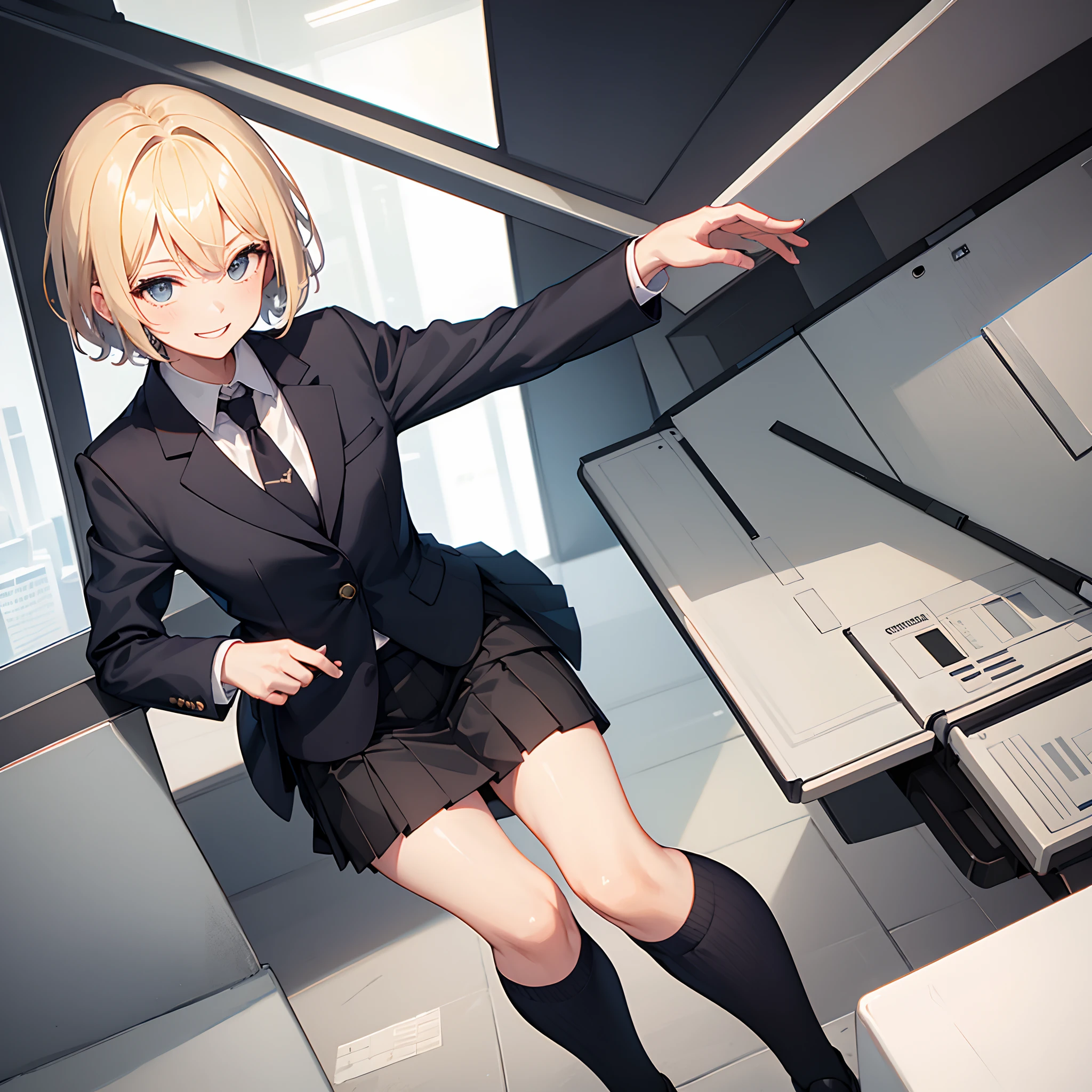 1 girl, smiling, business suit, skirt, (small) short black socks ,chillerism, short blonde hair, rich and noble