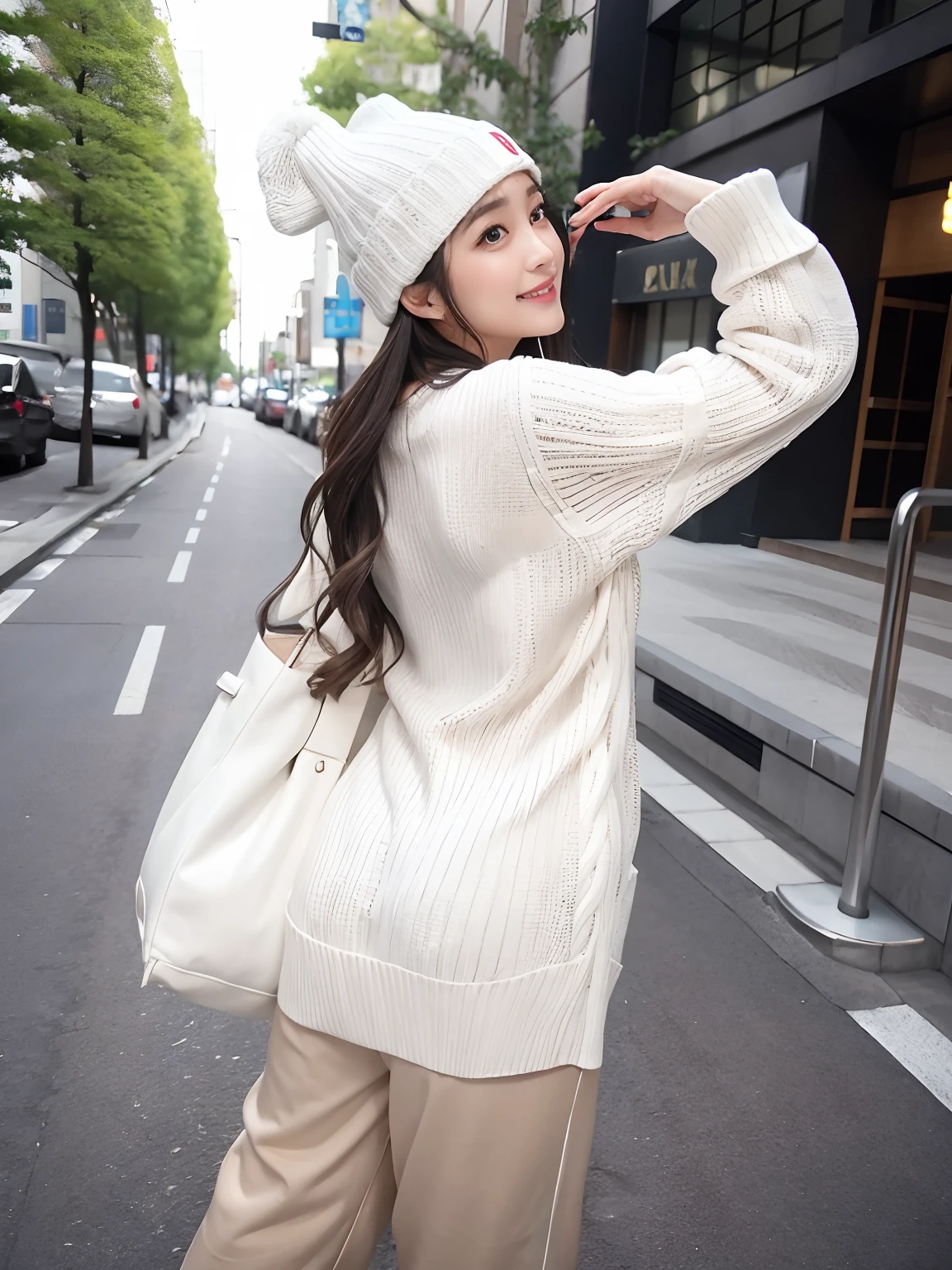 (4 k、top-quality)、(realisitic、Photorealsitic)、(Yakian)、
1girl in、独奏、fullllbody、(Back view)、
perfect hand、up looking_で_the viewer、
whiteshirt、
Ginza City at noon、Daytime、finerly detailed face、Slightly chubby、The best smile、You can see the double teeth、white hairband、Chest wide open、Light brown long curled hair,,(super gigantic breast:1.2)、(Big size long sleeve knit:1.2), Palazzo pants, long boots, Beanie hat (Cameltoe),35 year old、Nogizaka Idol、actress、Korean Idol、hposing Gravure Idol,place one's arms behind one's back,raise both arm,(Aside)、Model Standing、