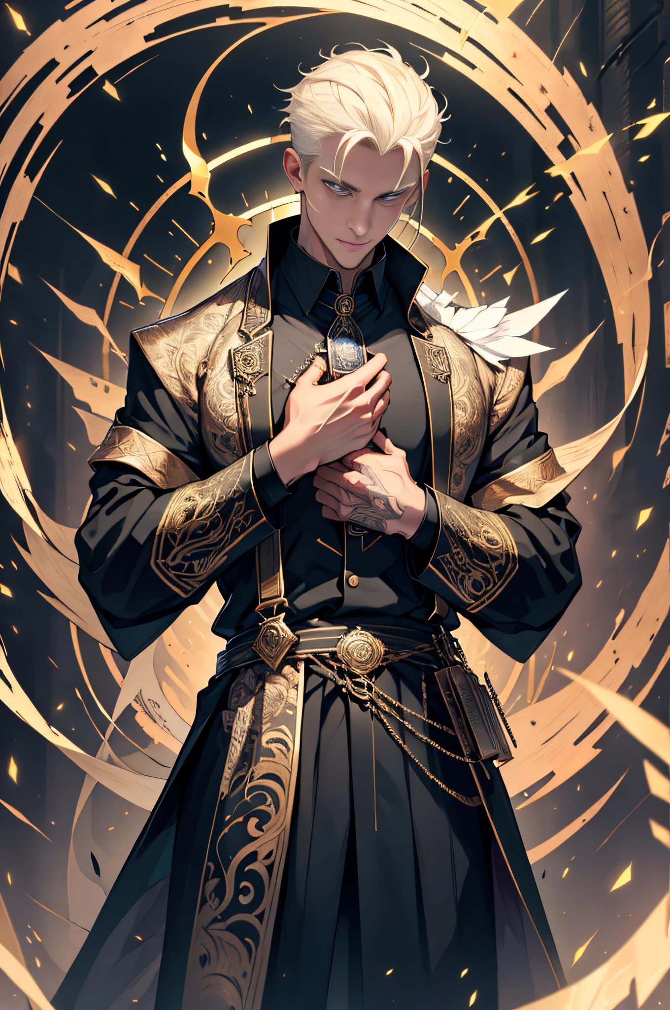 A man wearing black and gold clothing with gold suspenders and white overcoat, fluttering loose fabrics, colar Metatron, tattoo with writing in hand, misterioso, imponente, rosto detalhado, ambiente paranormal, fotografia de corpo inteiro, ((looking-into-camera)), uhd, 16k, imagem ultra detalhada e perfeita