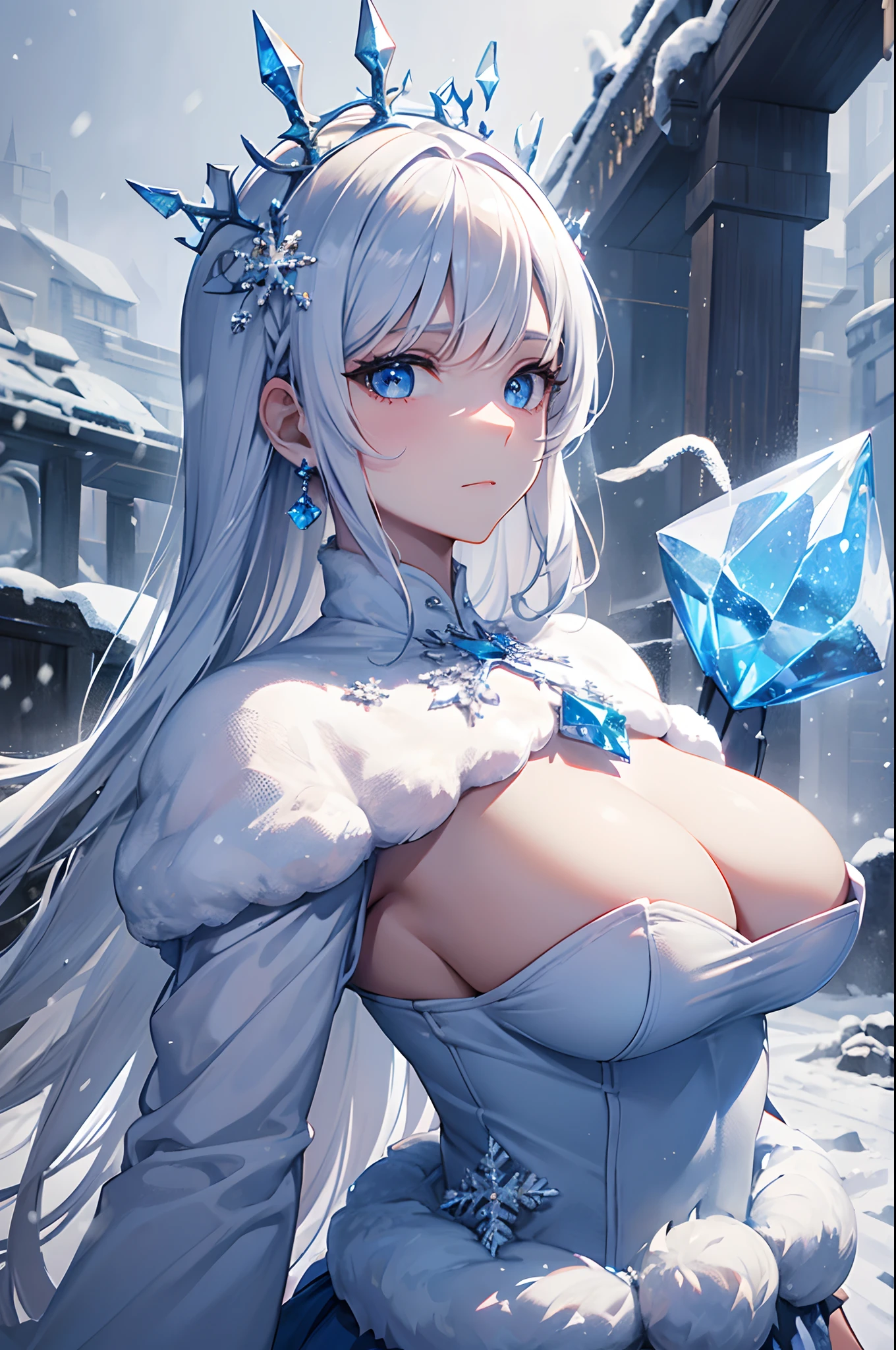 masterpiece, highlydetailed, ultra-detailed, cold, solo, (1girl), (pale skin), icyblue eyes, frosty white hair, cool Chara, flat face, young lady, lady chara, medium boobs, Arrogant, confident, cold face, goddess, cruel, sharp eyes, (snowy background), snowflakes, (frozen flowers:0.5), (crystal crown), (sparkling ice crystals), (ice dress), (snow-covered ground), (calm expression), (smile:0.7)