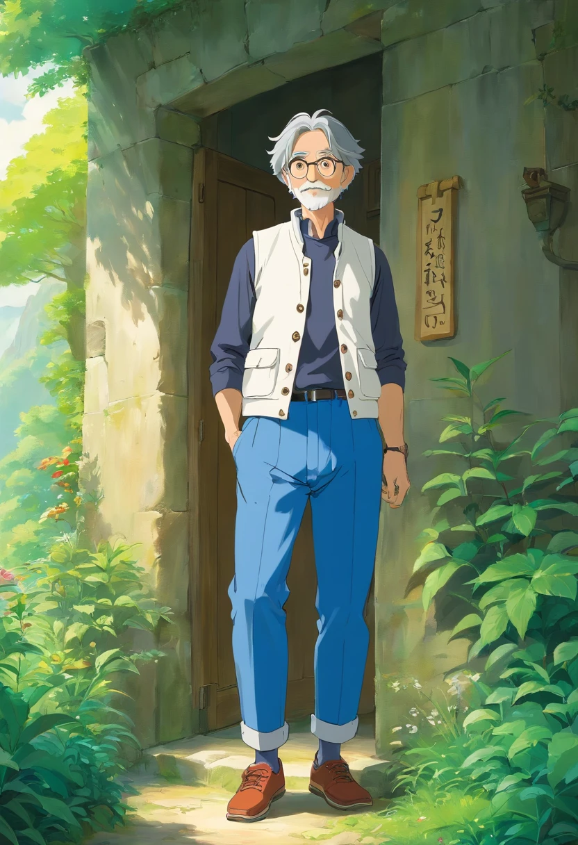 solid color backdrop,middle aged man,Gilet blanc,blue trouser,canvas shoe, In a distant kingdom, where magic and nature coexist in harmony, ghibli