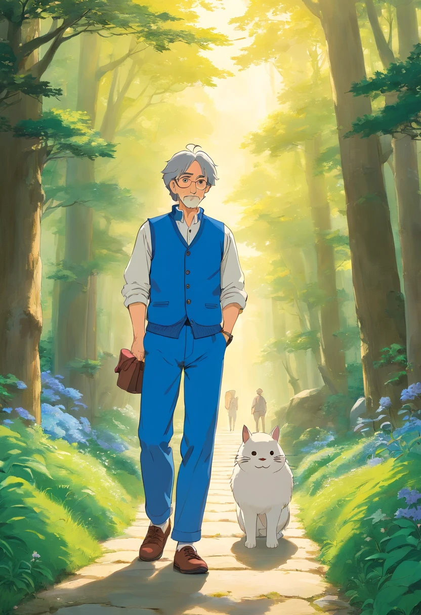 solid color backdrop,middle aged man,Gilet blanc,blue trouser,canvas shoe, In a distant kingdom, where magic and nature coexist in harmony, ghibli