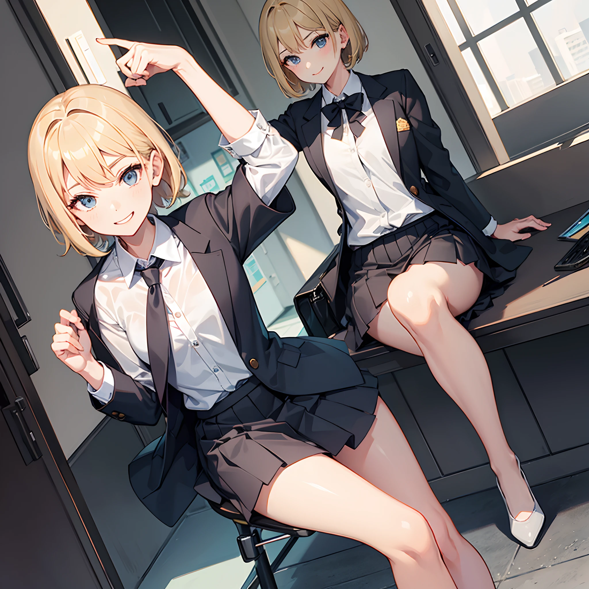 1 girl, smiling, business suit, skirt, (small) short black socks ,chillerism, short blonde hair, rich and noble
