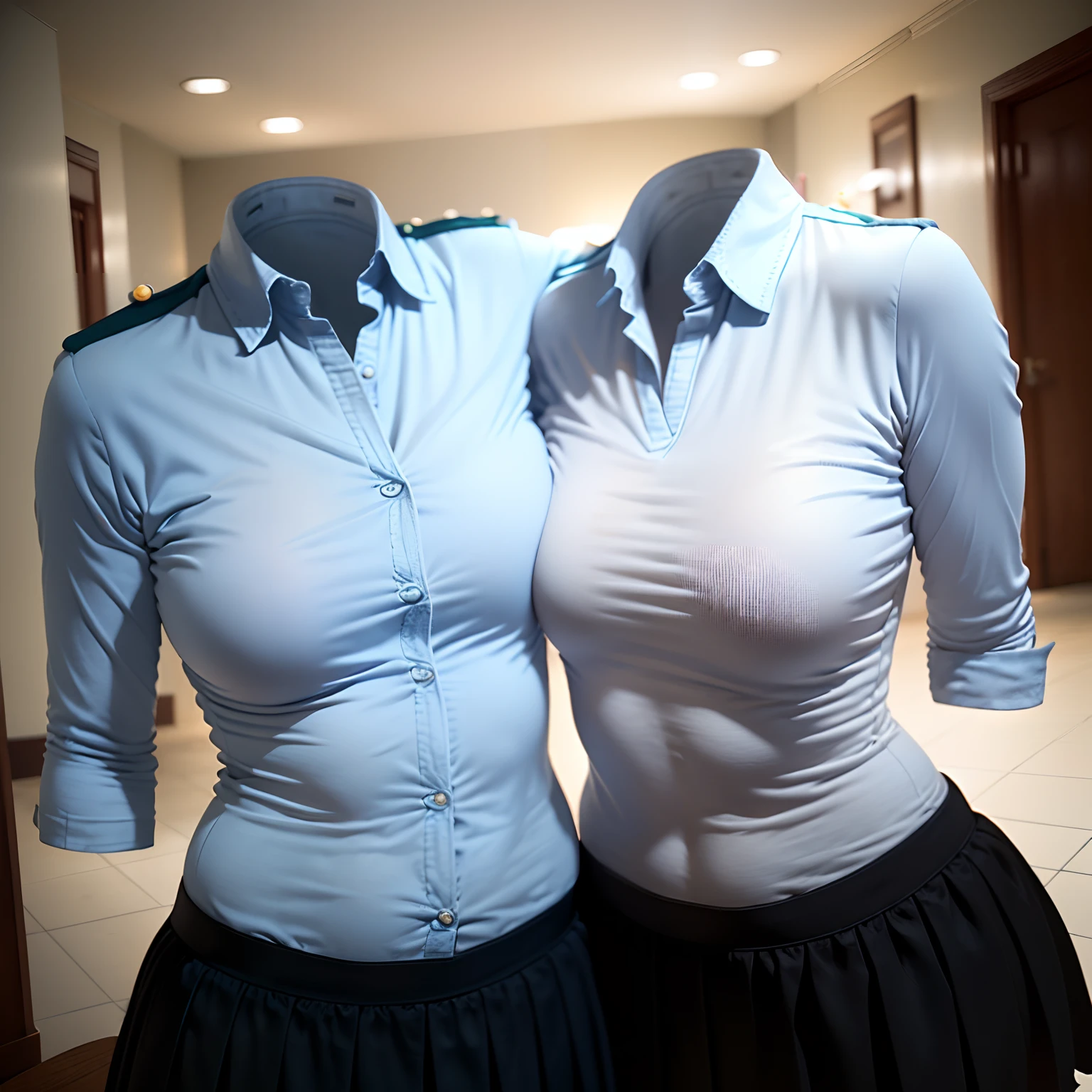 2 girls love each other, school uniform and leggings, ((invisible, no humans:1.5, headless:1.5, handless, legless)), (big breast), close-up to breast, (extremely detailed), (photo realistic), (photon mapping)