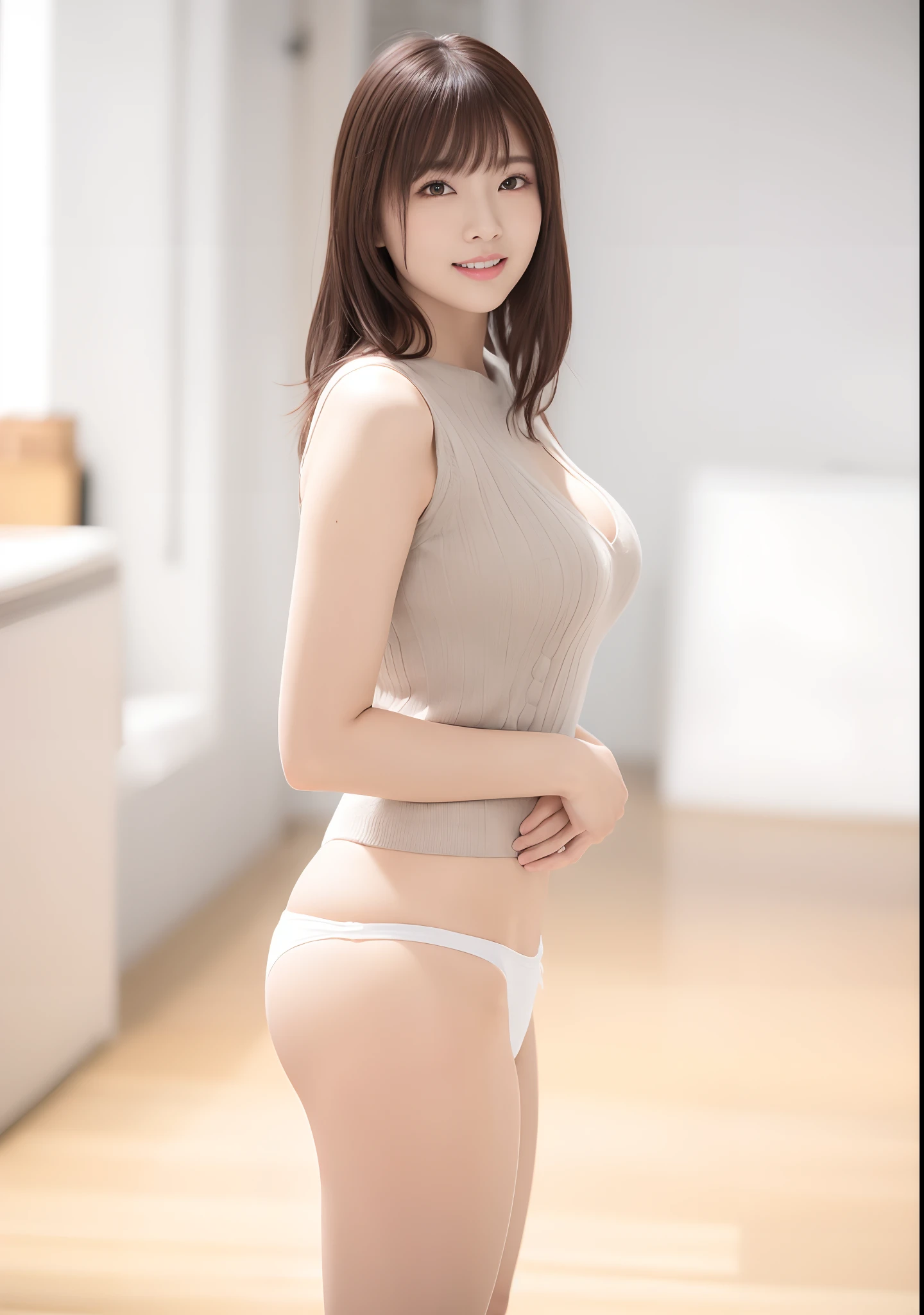 16k, ultra high res, best quality, high quality, masterpiece:1.3), (a professional photo of girl), RAW photo, realistic illustration, (ultra detailed eyes and face), (ultra detailed beautiful skin), (full body shot), elegant sleek smooth body, sultry body, perfect body, attractive body, photorealistic perfect body, Petite facial features, Super Detail Beautiful Natural Skin, natural makeup, (black hair), narrow waist, ((slender)), (wide hips), cleavage, (black hair), she is very sexy, she is cute and beautiful, skinny waist and thick hips, curvy figure, attractive body, curvy model, smile, (full body shot), ((slender)), sexy look, arafed asian woman in a gray sweater and white scanty, japanese model, wearing tight simple clothes, young sensual gravure idol, young skinny gravure idol, attractive pose, young pretty gravure idol, elegant sleek smooth body, realistic young gravure idol, sophisticated gravure idol,