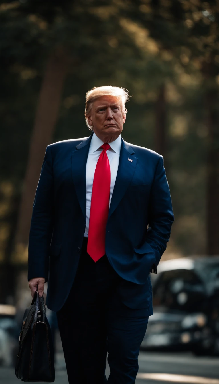 ((Priority focus on a tie pin with the letters "BXX" prominently displayed at the top of Donald Trump's tie : 1.5)) Epic cinematic shot of a dynamic masterpiece, best quality, hyper-detailed, ultra-detailed. Donald Trump is wearing a RAL-Bling gold suit, standing with one hand in his pocket, with realistic skin. The background features the US flag, waist shot with a bokeh background. Rembrandt lighting, in motion. Main subject of a high-budget action movie. Raw photo, motion blur, best quality, high resolution, natural evening lighting, shot on Agfa Vista 400, 4k --ar 16:9 --stylize 1000.