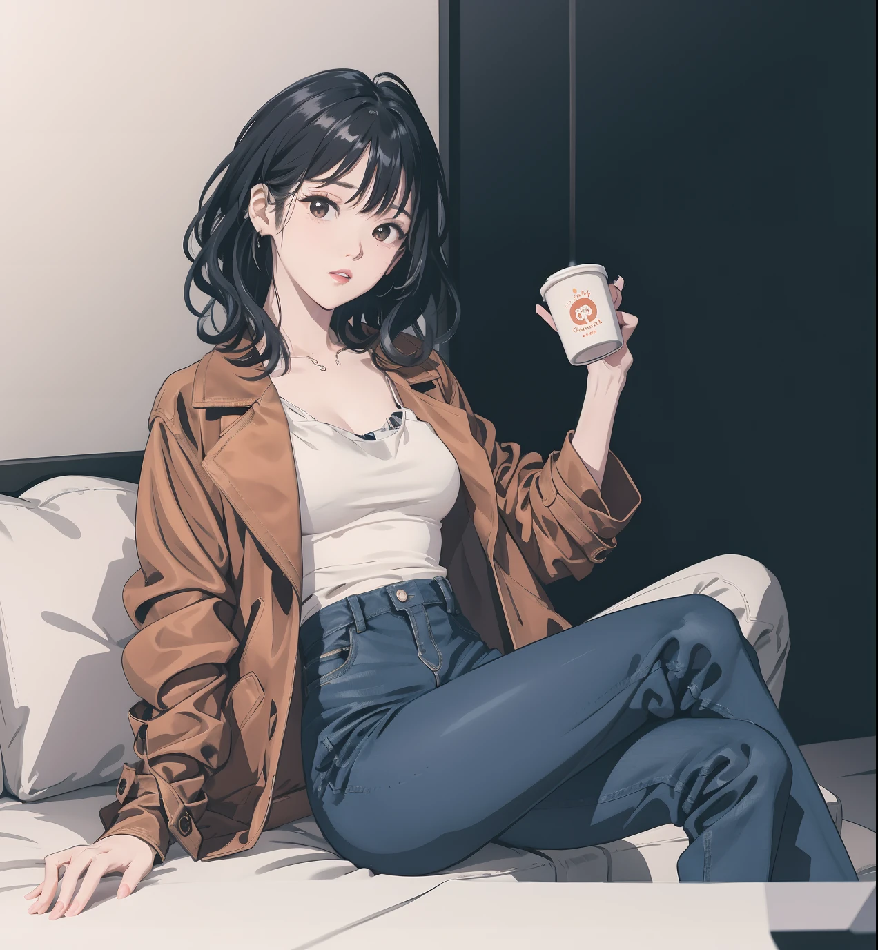 anime - style image of a woman sitting on a bed holding a cup of coffee, anime style 4 k, lofi girl, anime style. 8k, lofi portrait, lofi artstyle, anime girl drinks energy drink, attractive anime girl, artwork in the style of guweiz, anime art wallpaper 8 k, mysterious coffee shop girl, casual pose