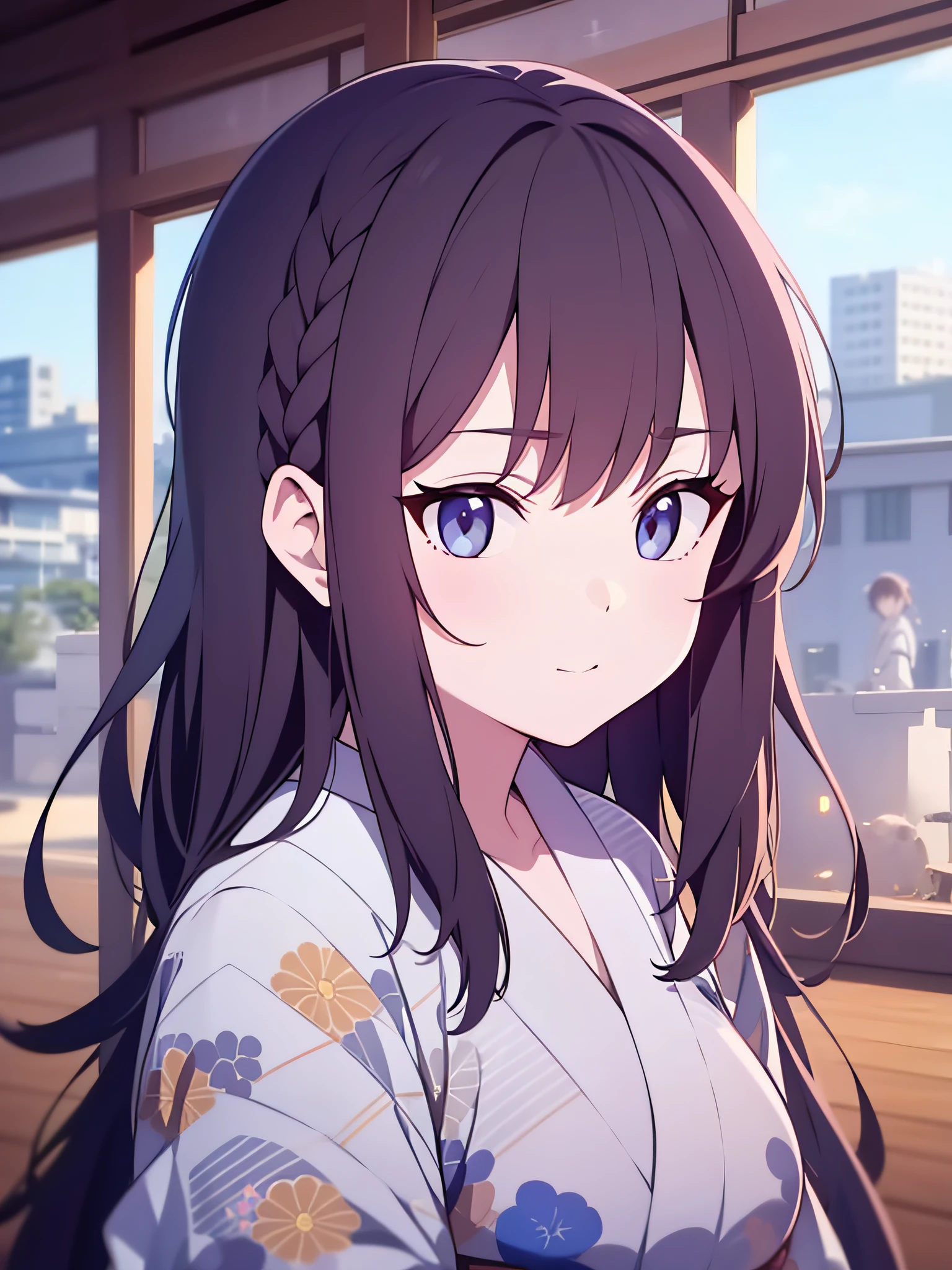 in 8K、top-quality、​masterpiece、ultra-detailliert、Ultra-high resolution、Anime style、A dark-haired、Braided hair、Light-colored yukata、natta、((skyrocket))