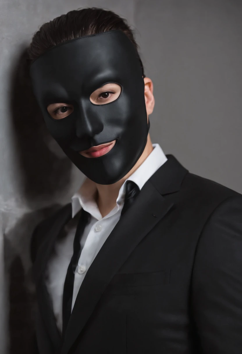 1. **Full body black style**: Wearing a black suit, shirt, tie, pocket square, and black leather gloves, it has a very chic and sophisticated appearance.
2. **Noh mask**: I have a Noh mask with a smile on my face, and I use it as an element to hide my emotions.