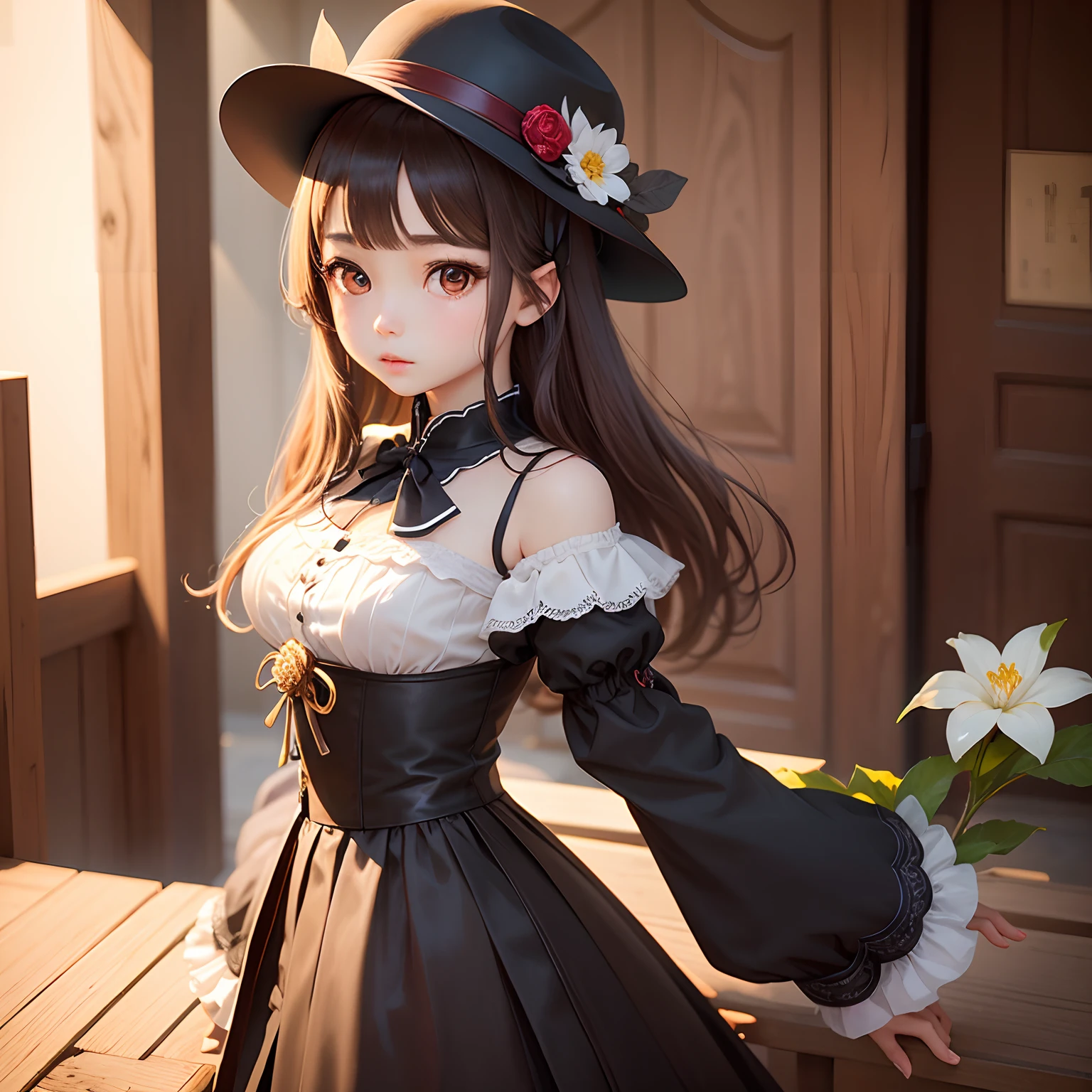 GenshinImpact_walnut、1girl solo、2D、masterpiece、animesque、Very delicate eyes、extremely delicate face、black backgrounds、Perfect litthing、1girl in、独奏、is standing、White flower-shaped pupil、red eyes、Hats、cowboy shot