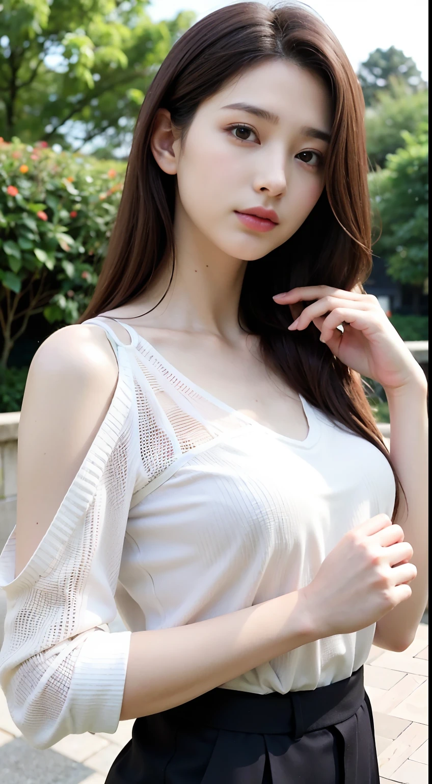 masterpiece, highest quality, 8k, 20th Generation, Big Breasts, cute, alone, sad, cute, Girlish, cute、Delicate girl, Pure beauty, RAW Photos, Professional photography, Portraiture, Soft Light, Professional Lighting, Backlight, Upper Body, avert your eyes, Sophisticated, Film Grain, (Round face、Young Face、Thin eyebrows、Thin lips:1.0), Floating Hair, beautiful, Flowing hair, bangs, White blouse、pastel cardigan、(Big Breasts:1.u can see the chest a little、Micro Mini Skirt、Voluptuous thighs、dolly make、Heterochromia iridis、Left and right eyes are different colors、Midsummer sky、Cumulonimbuidsummer Beach