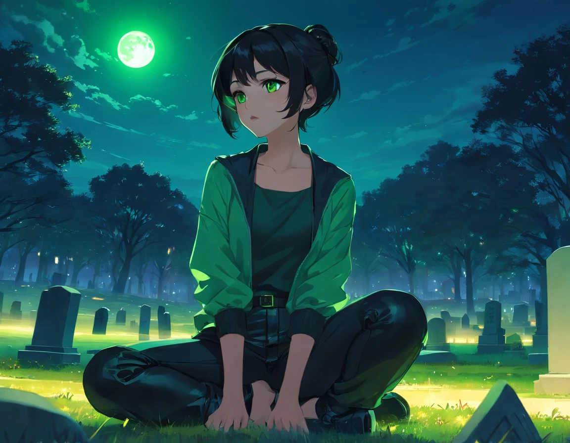 Stylish, atmospheric lighting, 1girl, short black hair, hair in bun, bright green eyes, glowing eyes, black makeup, black lipstick, crop top, tight leather pants, nighttime, cemetery, graveyard, full moon
