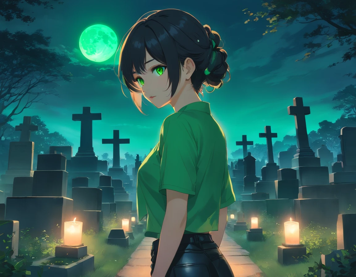 Stylish, atmospheric lighting, 1girl, short black hair, hair in bun, bright green eyes, glowing eyes, black makeup, black lipstick, crop top, tight leather pants, nighttime, cemetery, graveyard, full moon