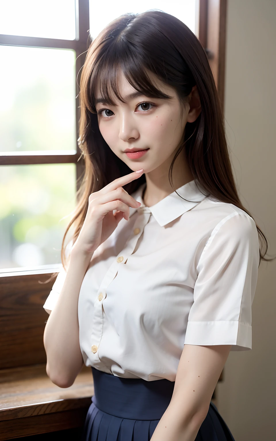 女の子1人, (Full body), Unknown , detailed clothes, (delicate illustration:1.4),(masutepiece:1.0), (Best Quality:1.4), (超A high resolution:1.2), (Photorealistic:1.4), (8K, Raw photo:1.2), (Soft Focus:1.4), (18year old:1.3), (Sharp Focus:1.4), (Renaissance art:1.4), Detailed beautiful face, Super Detailed Face, Detailed lips, detailedeyes, 二重まぶた, (Blouse with white collar), sitting on