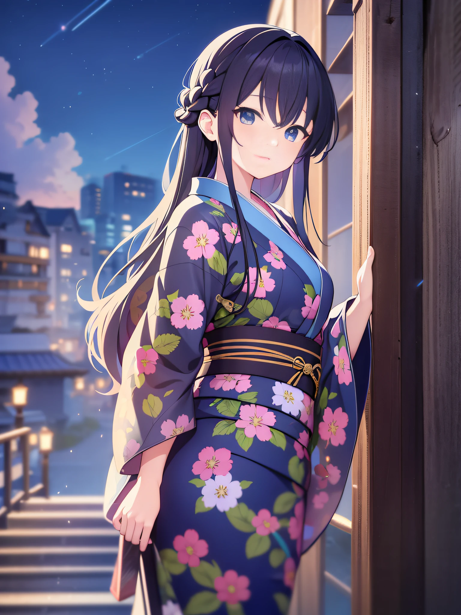 in 8K、top-quality、​masterpiece、ultra-detailliert、Ultra-high resolution、Anime style、A dark-haired、Braided hair、Light-colored yukata、natta、((skyrocket))