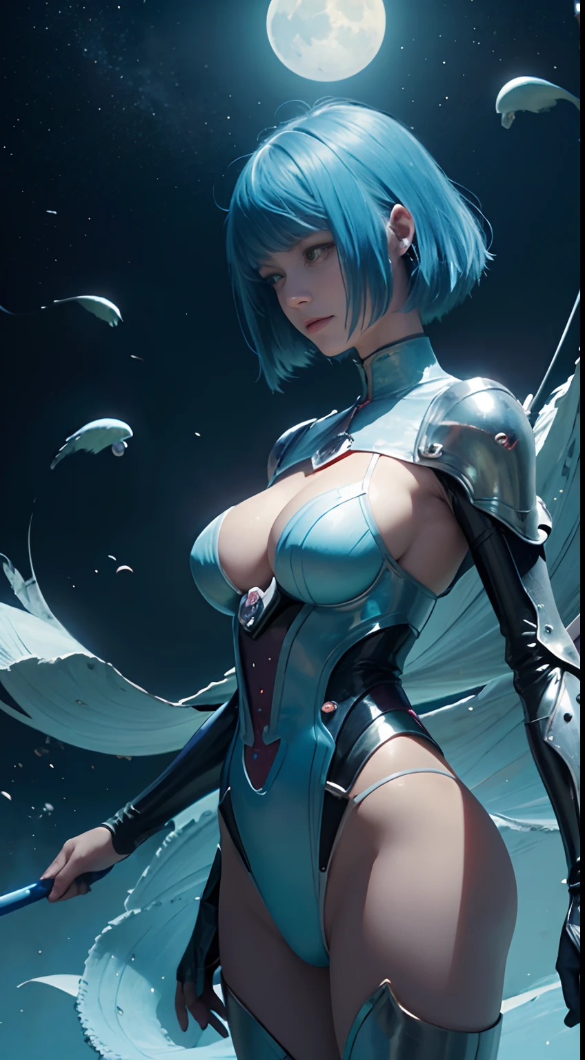 Jean Giraud, Margaret Tarrant, Richard Doyle, Japanese Anime, Surreal Mysterious Weird Fantastic Fantasy Sci-Fi, Steam-powered Girl, Disappearance of the Moon, Swimming Sea Anemone, vibrant colors, solo beautiful perfect voluminous body girl, masterpiece, sharp focus, best quality, depth of field, cinematic lighting, detailed, high resolution high definition
