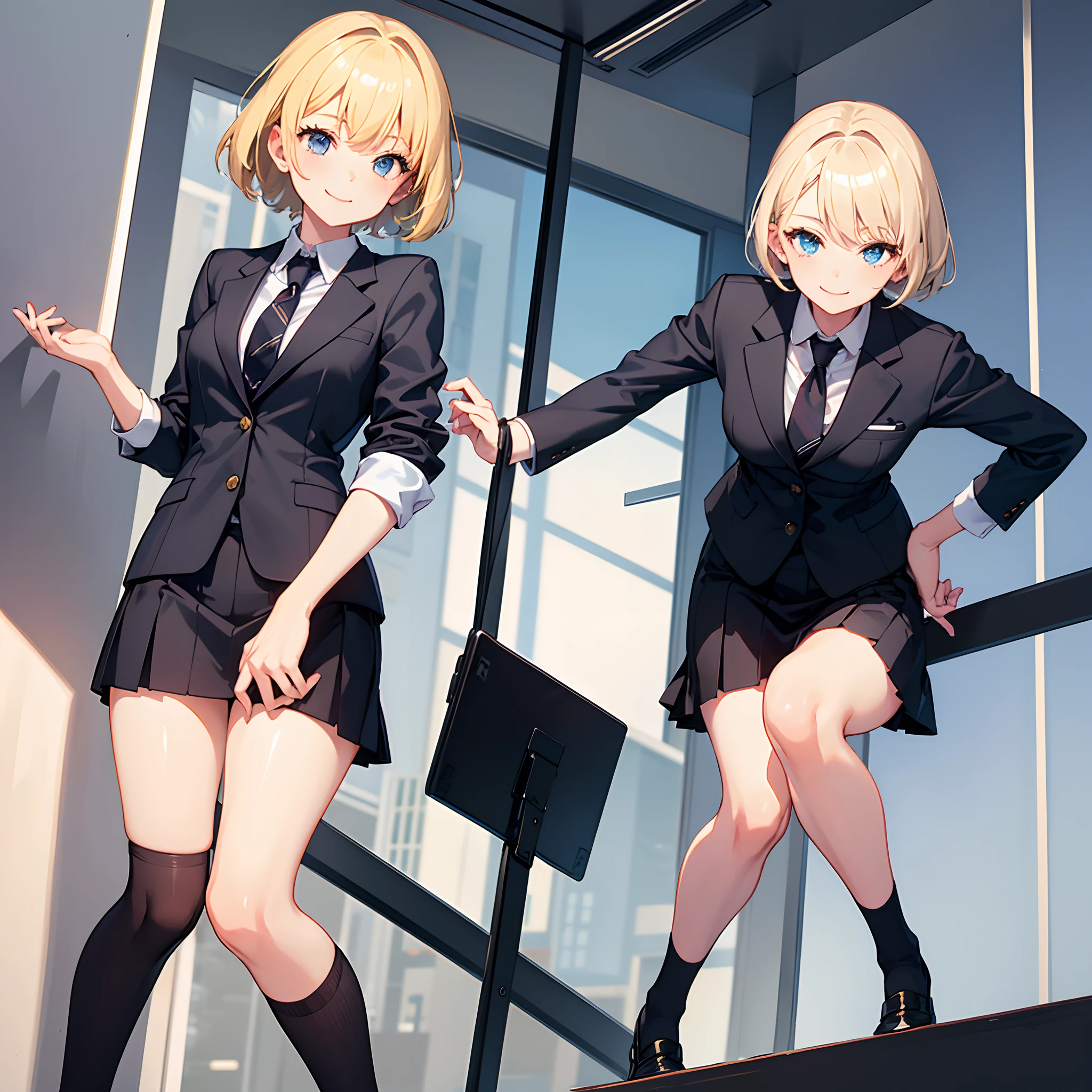 1 girl, smiling, business suit, skirt, (small) short black socks ,chillerism, short blonde hair, rich and noble