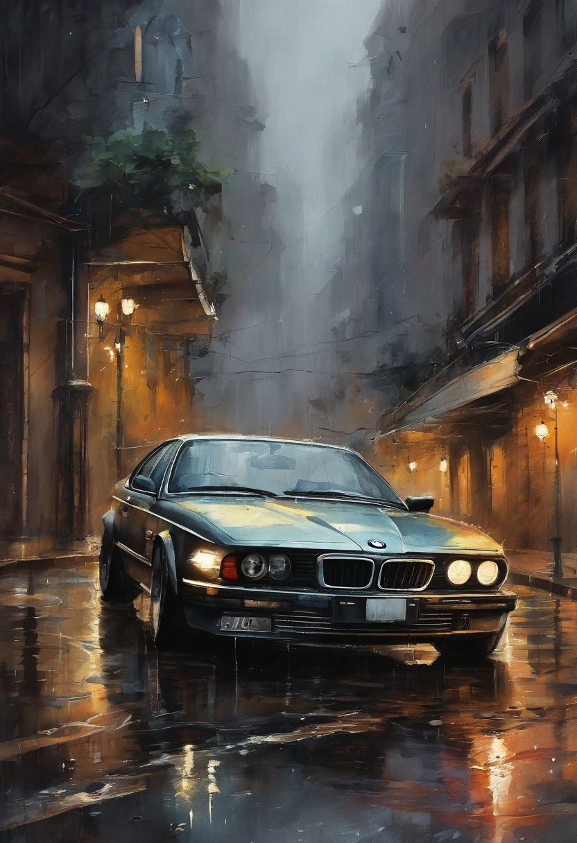 bmw，Cyberpunk Style，rainy evening , Gangster vibe