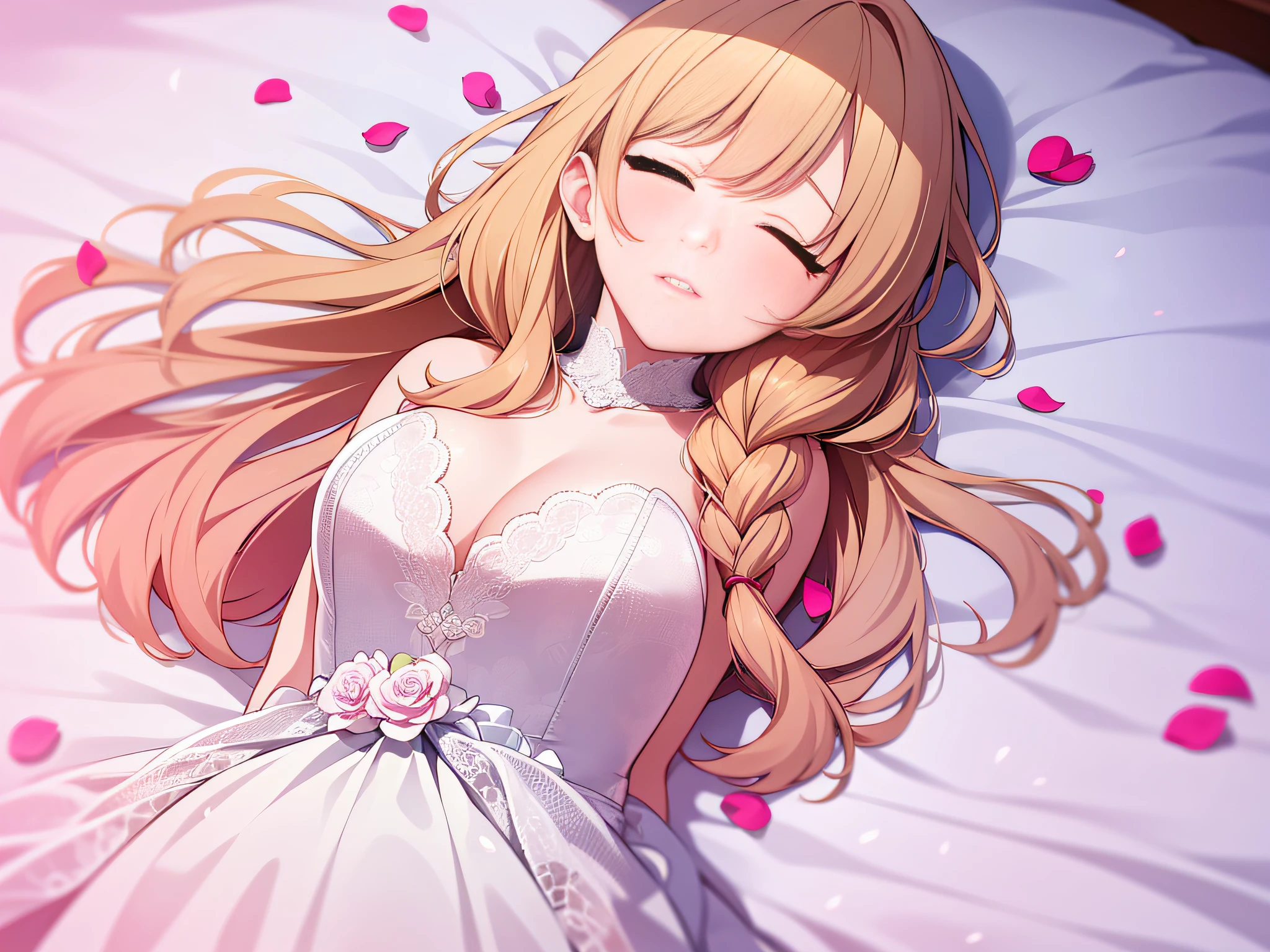 in 8K、top-quality、​masterpiece、ultra-detailliert、Ultra-high resolution、Anime style、on the beds、sleep on one's back、Pink cheeks、pink lipsticks、a blond、Braided hair、weddingdress、flower petals