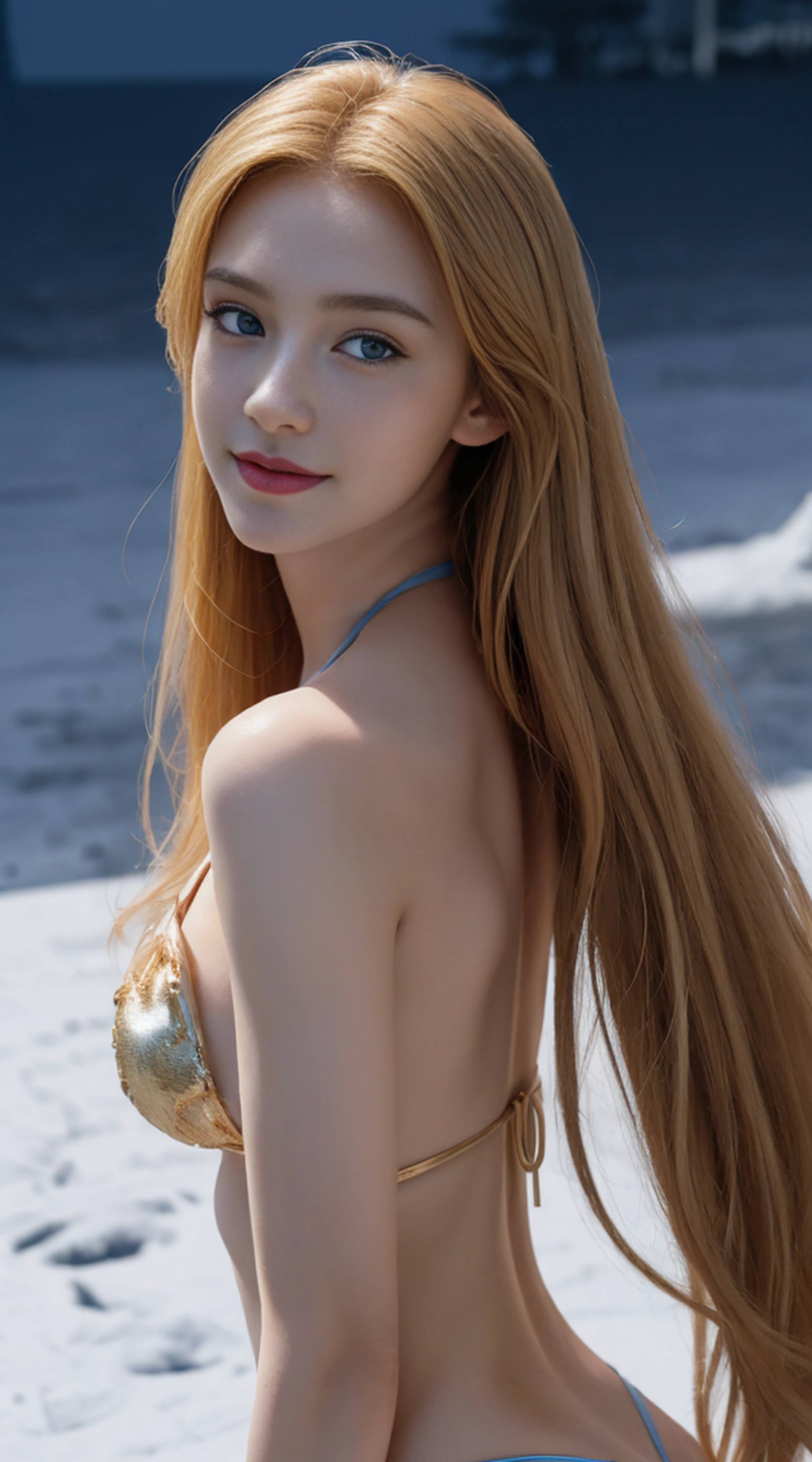 8K, Top Quality, Intricate Details, Ultra Detail, Ultra High Resolution, Masterpiece, random angle, Slender, Smile, close up shot, (Makeup: 0.4), (Fluffy Blue Eyes: 1.21), blue Eyes, looking at viewer, ((full body)), 1girl, solo, 1 girl, (( full body)), close up shot, , ((tall)), (((fit body))), (((slim face))), sharp face, sharp eyes, ((( golden hair, very long hair, )) , (detailed face), sharp face, small lips,
(()), ((bikini)), detailed face, detailed breast, , large breast, detail ass, , Beautiful girl with accentuated slender abs: 1.4, Six Pack Abs: 1.4, Bust Botox, Big, Perfect Body, detail leg, (( moonlight)), in the snow