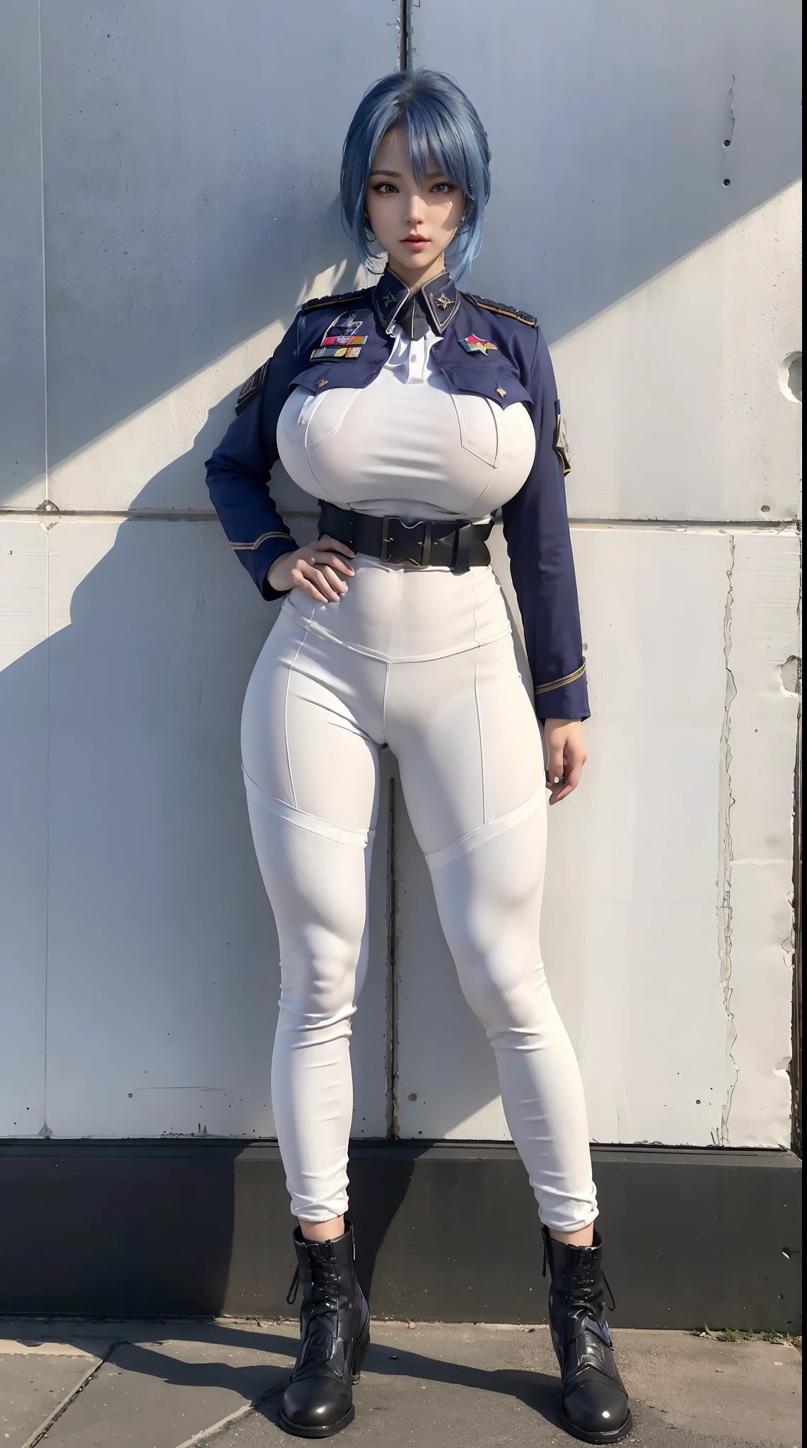 physically-based rendering, 1girl, Female soldier, (blue hair), (huge fake breasts:1.2), (street city), sexy muscular body, slim waist, big buttocks, (Full body:1.3), standing, skintight army pants white:1.2, (white:1.5 military uniform:1.5).