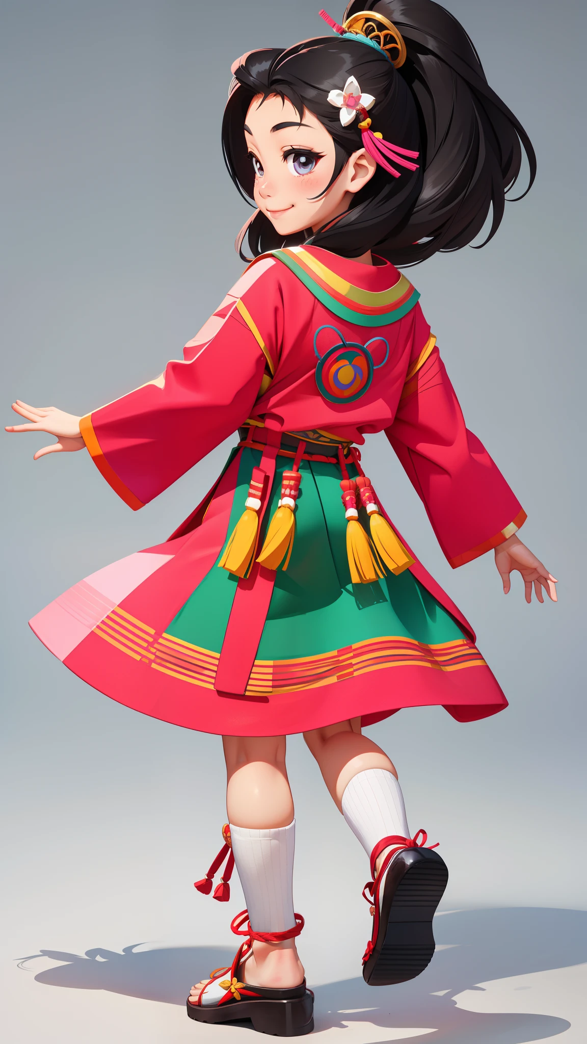 Hmong girls、A smile、full body Esbian、Taken from behind、Distinctive ethnic hair ornaments、Characteristic ethnic shoes