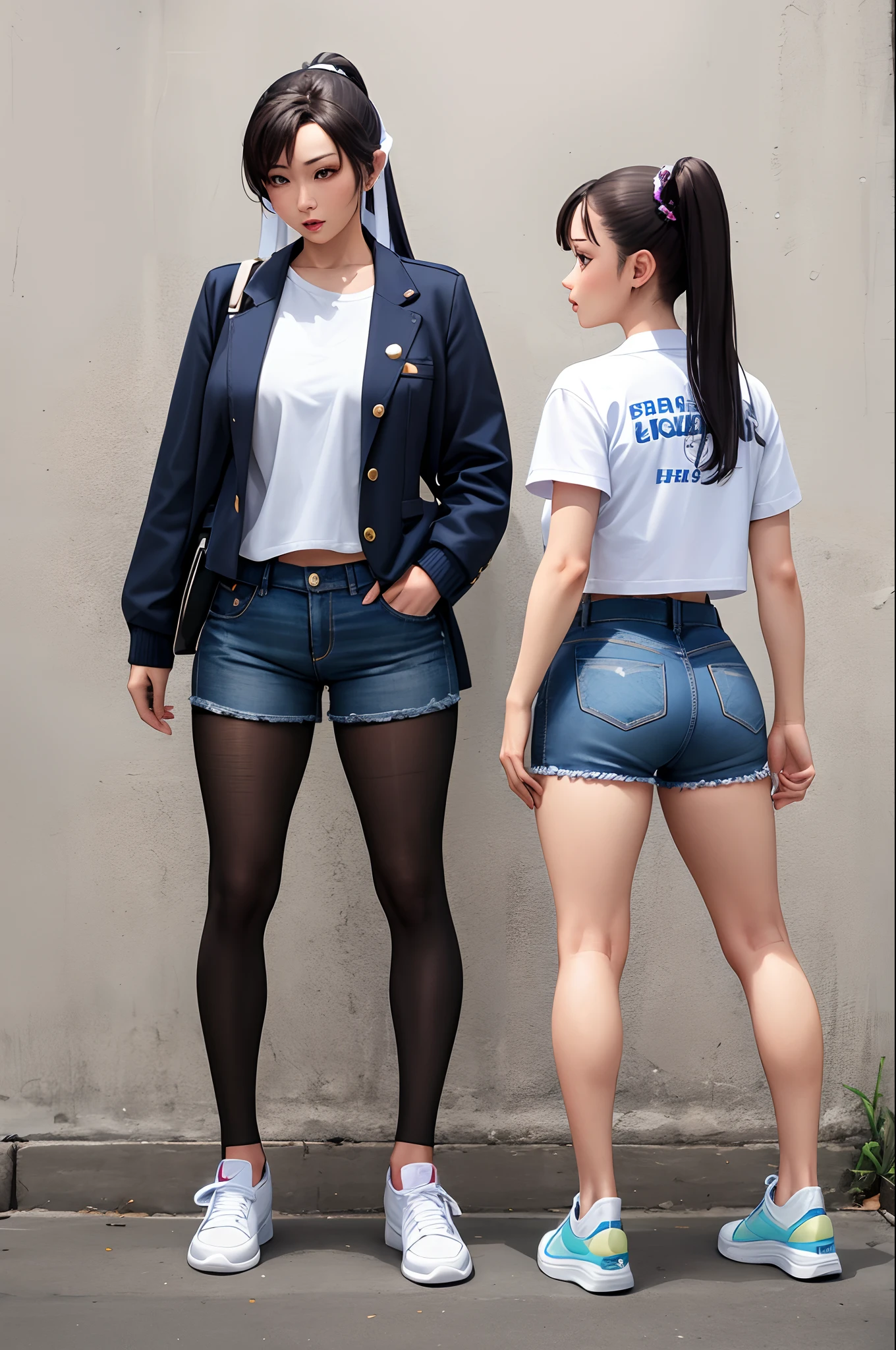 Chun-Li, Denim shorts, black pantyhose, white Skechers shoes.