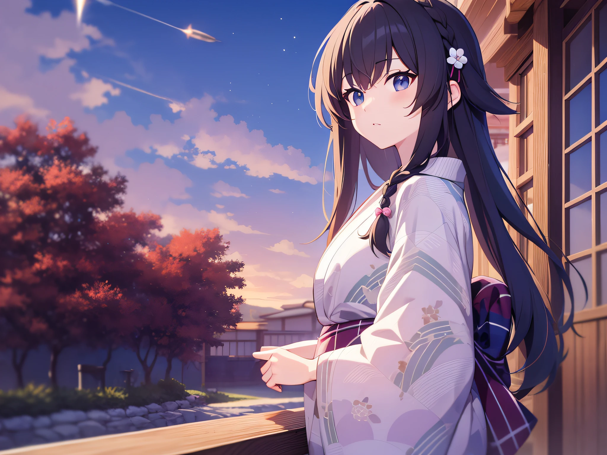 in 8K、top-quality、​masterpiece、ultra-detailliert、Ultra-high resolution、Anime style、A dark-haired、Braided hair、Light-colored yukata、skyrocket