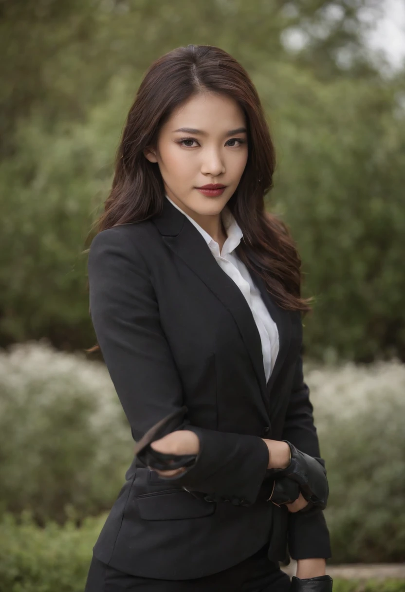 1. **Full body black style**: Wearing a black suit, shirt, tie, pocket square, and black leather gloves, it has a very chic and sophisticated appearance.

2. **Noh mask**: I have a Noh mask with a smile on my face, and I use it as an element to hide my emotions. ( It's a woman)