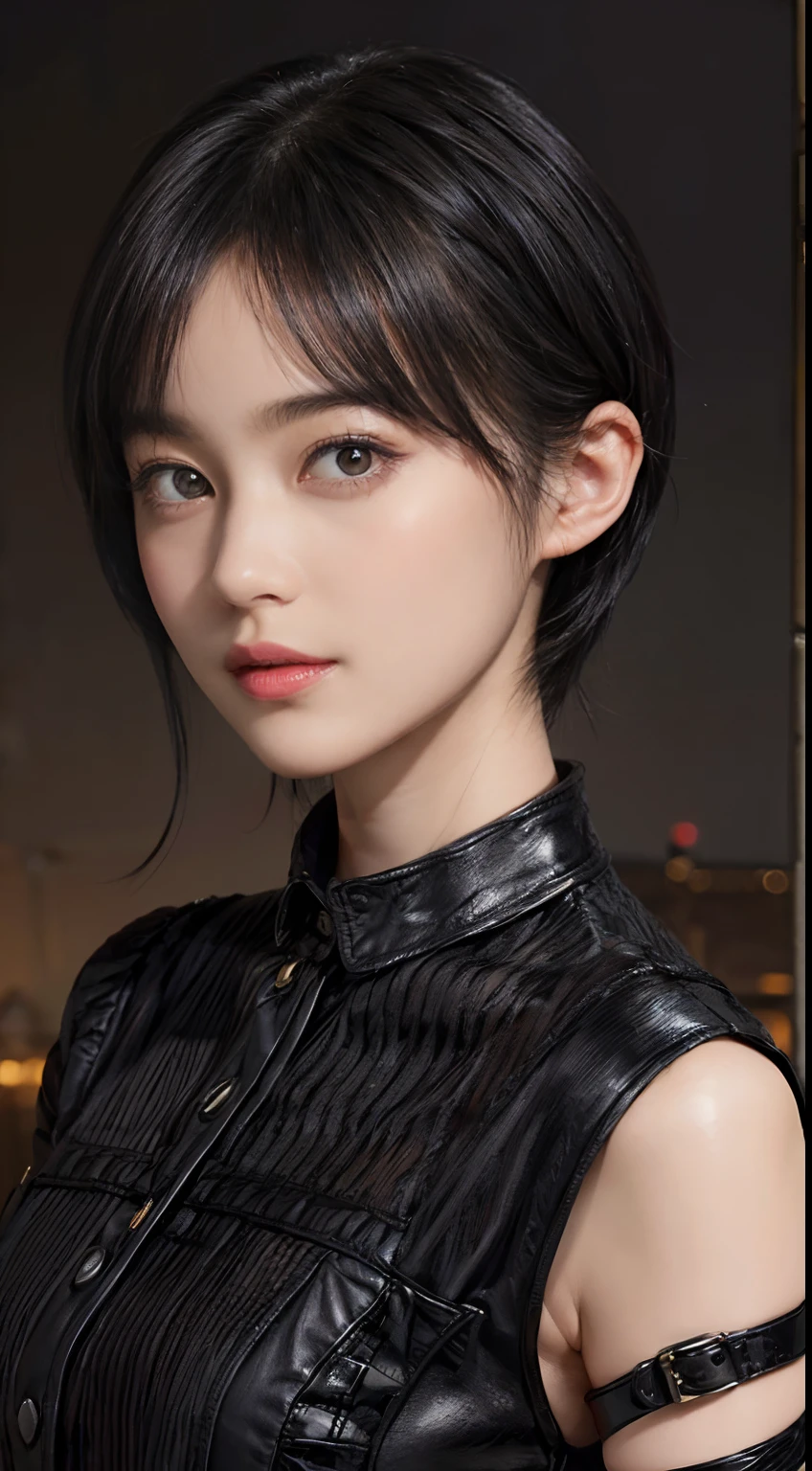 (Black Shorthair:1.3), (a 20 yo woman), (A hyper-realistic), (Masterpiece), (8KUHD), Looking at the camera, Beautiful woman