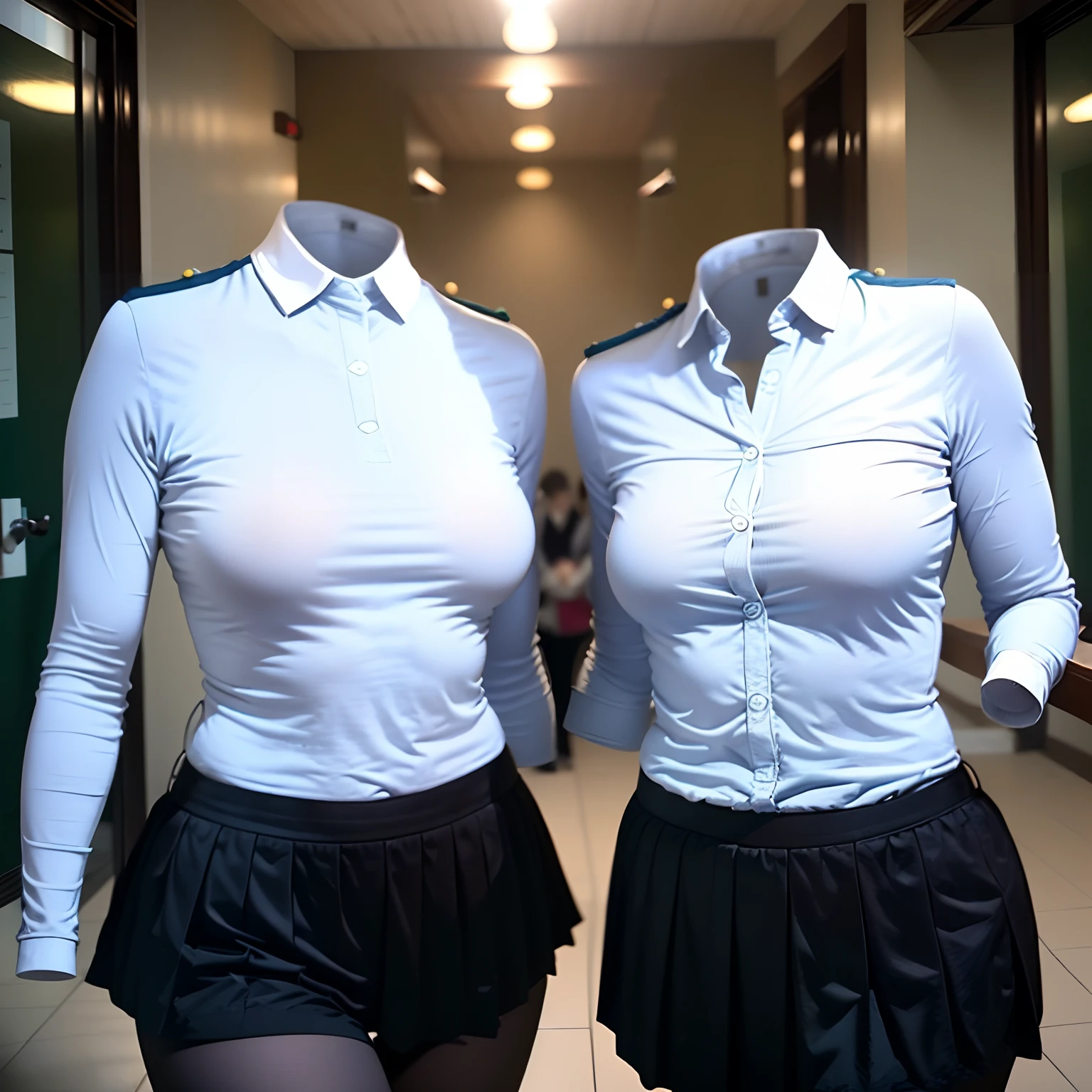 2 girls love each other, school uniform and leggings, ((invisible, no humans:1.5, headless:1.5, handless, legless)), (big breast), close-up to breast, (extremely detailed), (photo realistic), (photon mapping)