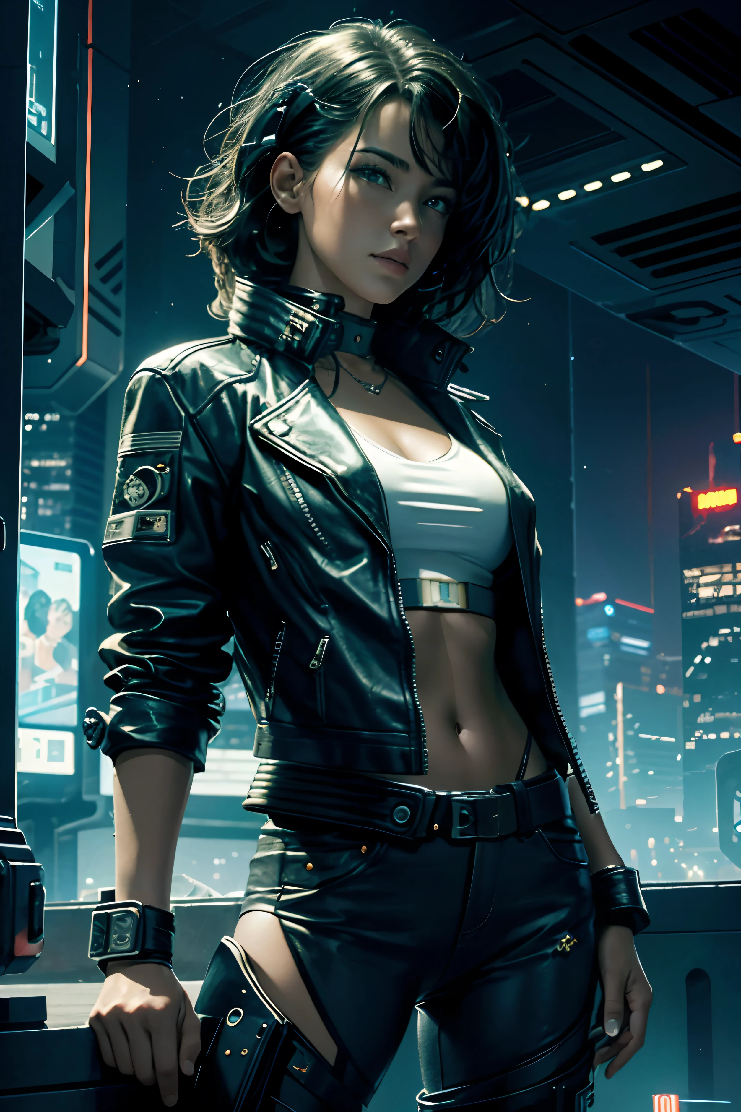 Starry night, highly detailed, illustration, 8k, ultra high quality, cyberpunk girl, sexy, colourfull illustration, DreamWorks, leather jacket