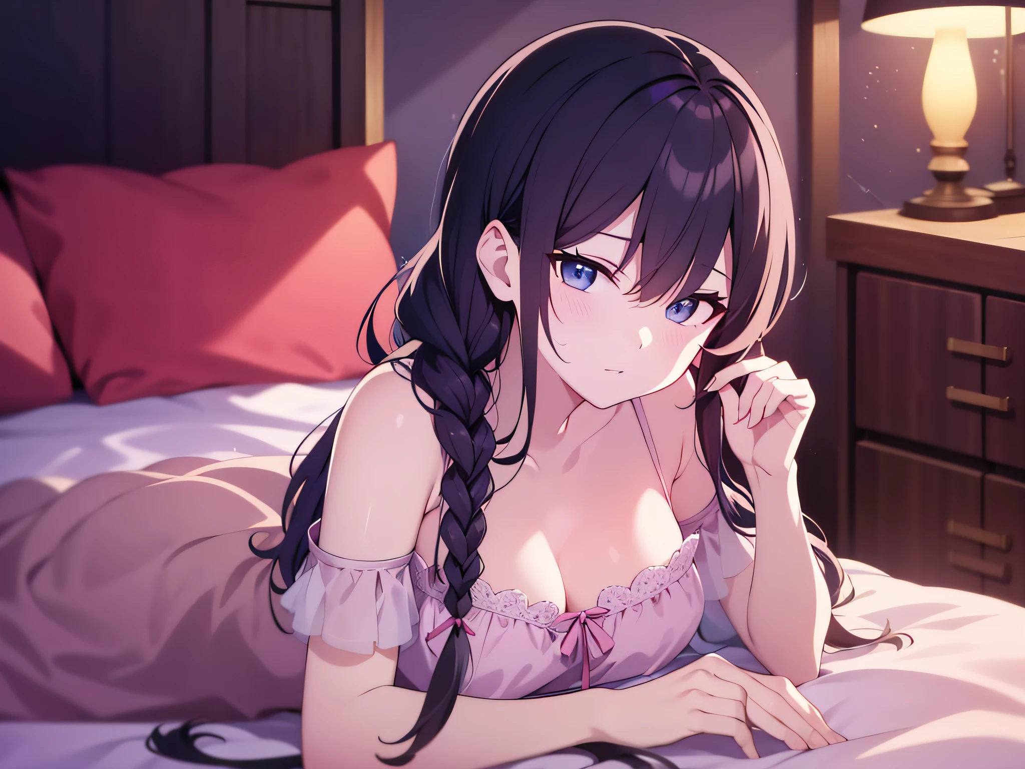 in 8K、top-quality、​masterpiece、ultra-detailliert、Ultra-high resolution、Anime style、on the beds、laying on back、A dark-haired、Braided hair、nightgown、bare shoulders​