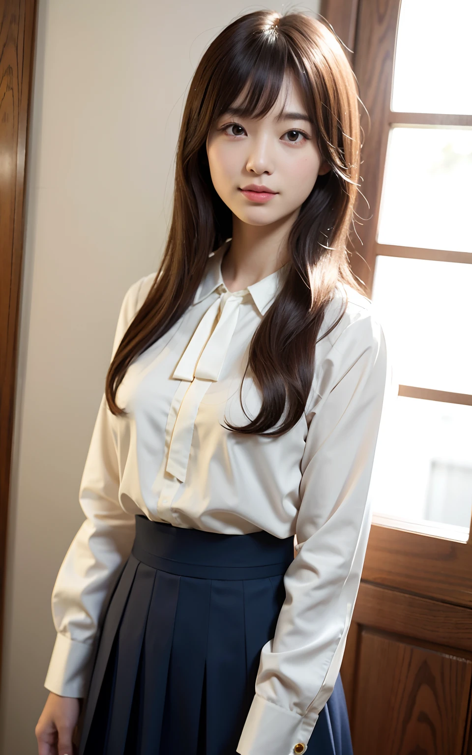 focusing area: dynamic point (21 points), general planes, a photorealistic full body portrait of a stunningly beautiful student girl without make-up, 17 years old, school uniform, grey v-neck blouse with lace and neckline, black short skirt with pleats and butterfly patterns, grey knee-high stockings with diamond patterns, red bow, extremely detailed light hazel eyes, detailed symmetric realistic face, extremely detailed natural skin texture, peach fuzz, messy hair, masterpiece, absurdres, nikon d850 film stock photograph, kodak portra 400 camera f1.6 lens, extremely detailed, amazing, fine detail, rich colors, hyper realistic lifelike texture, dramatic lighting, unrealengine, cinestill 800 tungsten, looking at the viewer, photo realistic, raw photo, high quality, highres, sharp focus, extremely detailed, cinematic lighting, 8k uhd