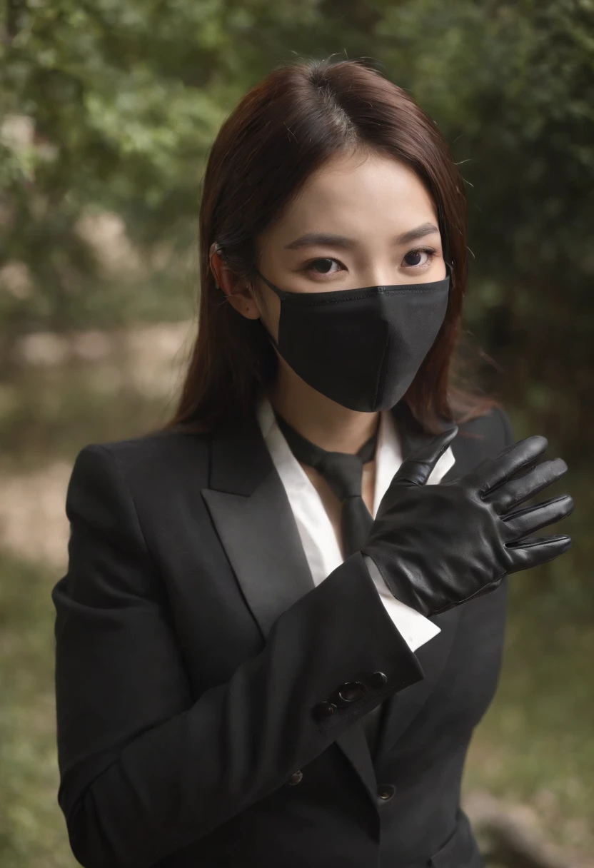 1. **Full body black style**: Wearing a black suit, shirt, tie, pocket square, and black leather gloves, it has a very chic and sophisticated appearance.
2. **Noh mask**: I have a Noh mask with a smile on my face, and I use it as an element to hide my emotions. ( It's a woman)