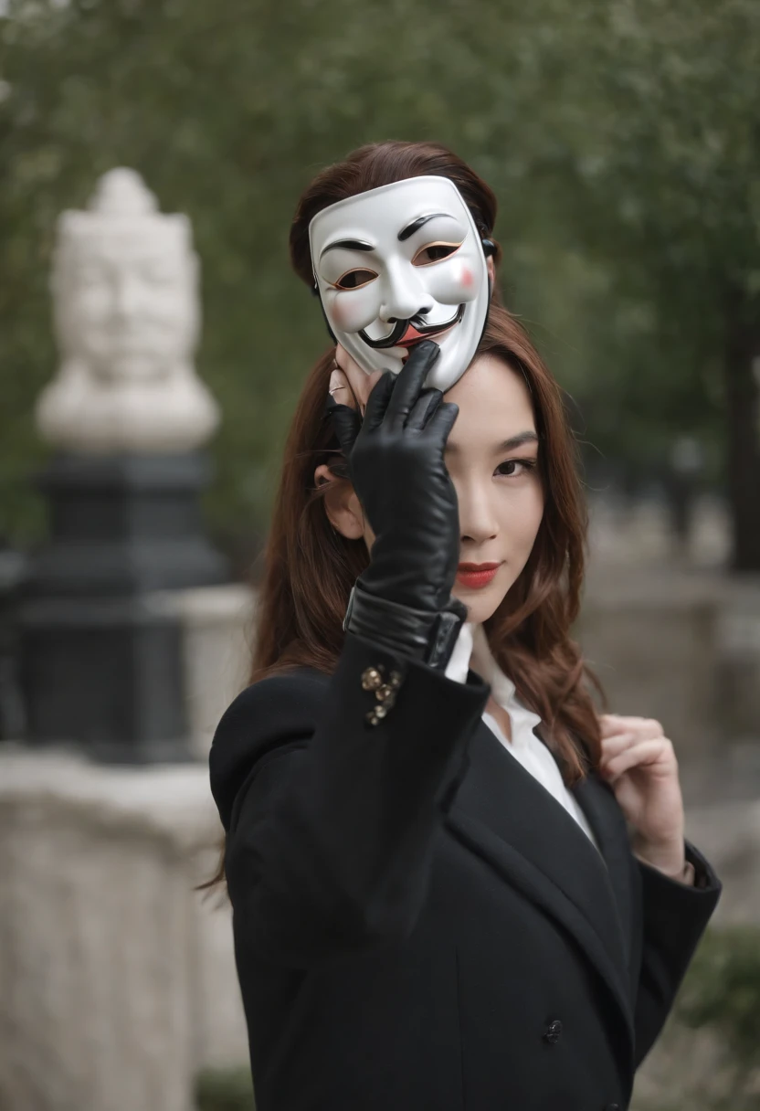 1. **Full body black style**: Wearing a black suit, shirt, tie, pocket square, and black leather gloves, it has a very chic and sophisticated appearance.

2. **Noh mask**: I have a Noh mask with a smile on my face, and I use it as an element to hide my emotions. ( It's a woman)