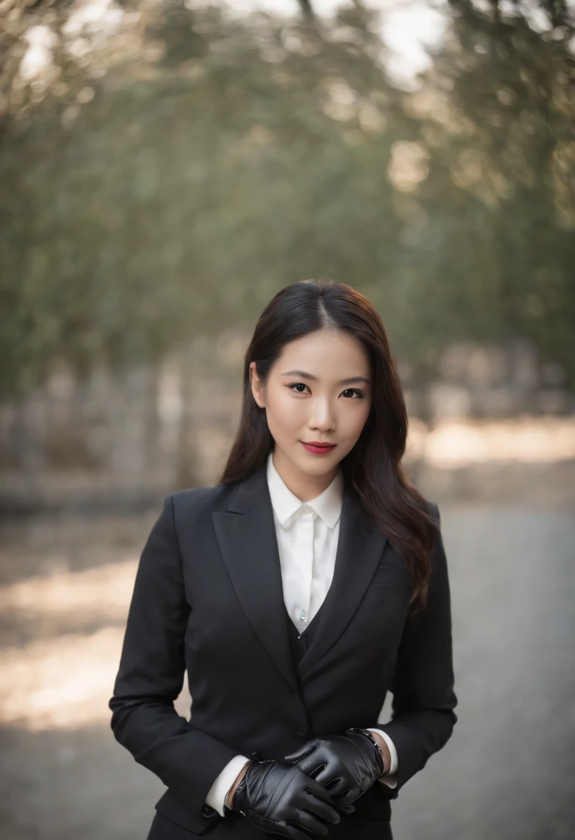 1. **Full body black style**: Wearing a black suit, shirt, tie, pocket square, and black leather gloves, it has a very chic and sophisticated appearance.
2. **Noh mask**: I have a Noh mask with a smile on my face, and I use it as an element to hide my emotions. ( It's a woman)
