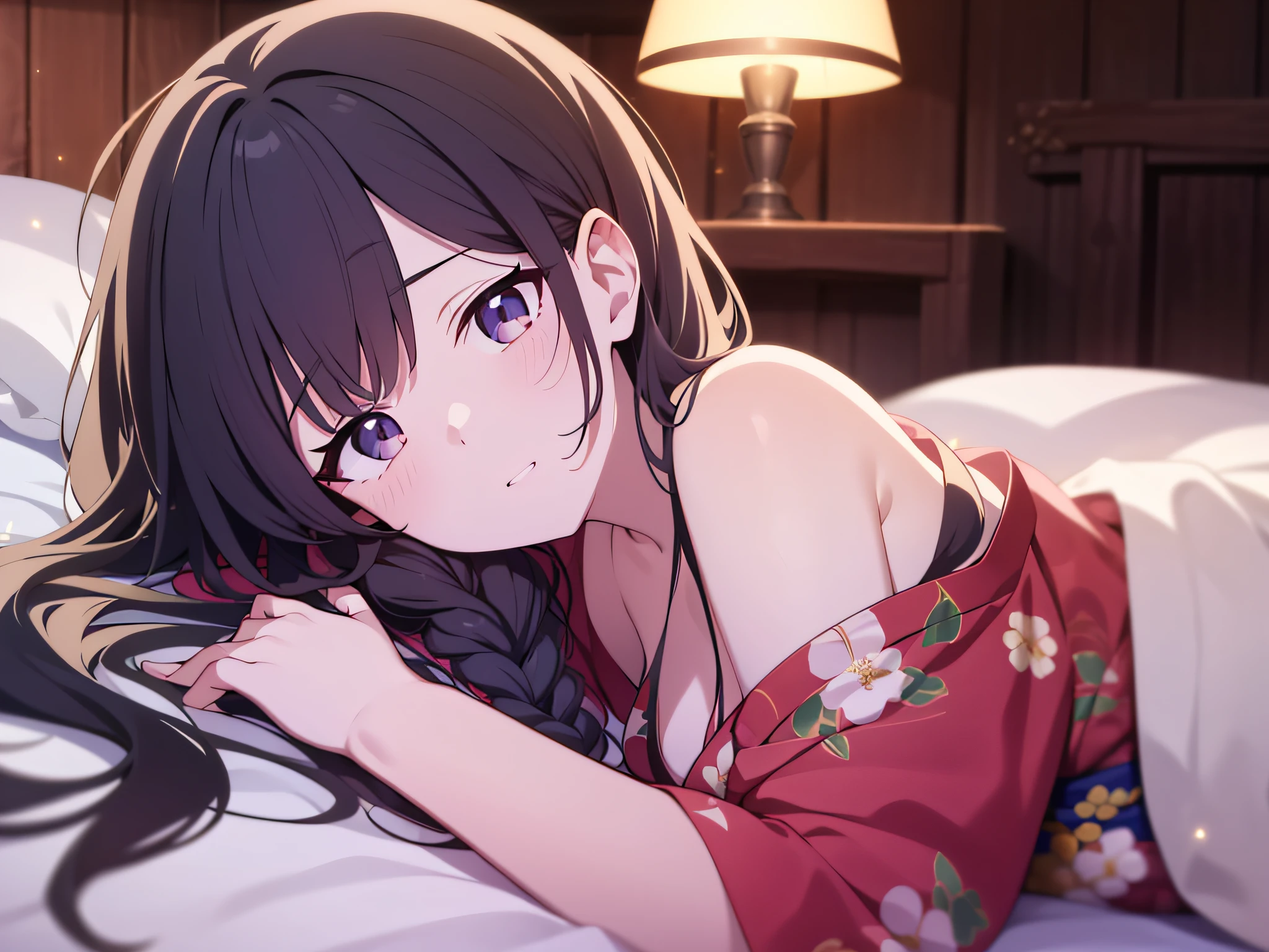 in 8K、top-quality、​masterpiece、ultra-detailliert、Ultra-high resolution、Anime style、on the beds、laying on back、A dark-haired、Braided hair、Light-colored yukata、bare shoulders​