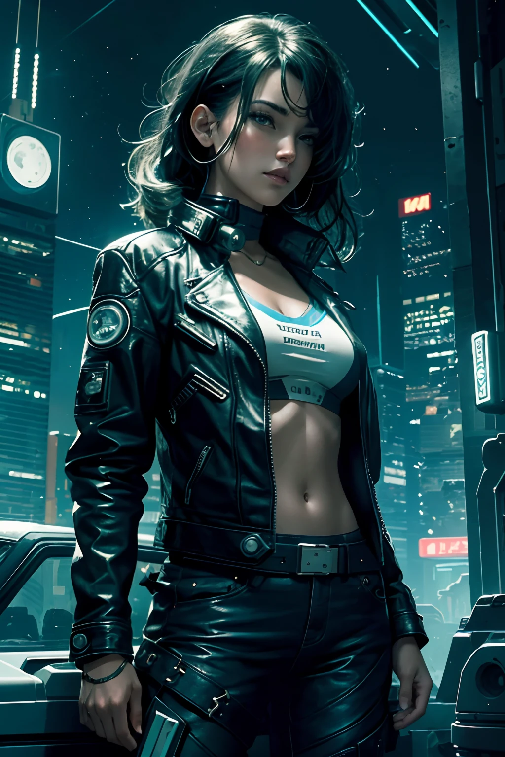 Starry night, highly detailed, illustration, 8k, ultra high quality, cyberpunk girl, sexy, colourfull illustration, DreamWorks, leather jacket