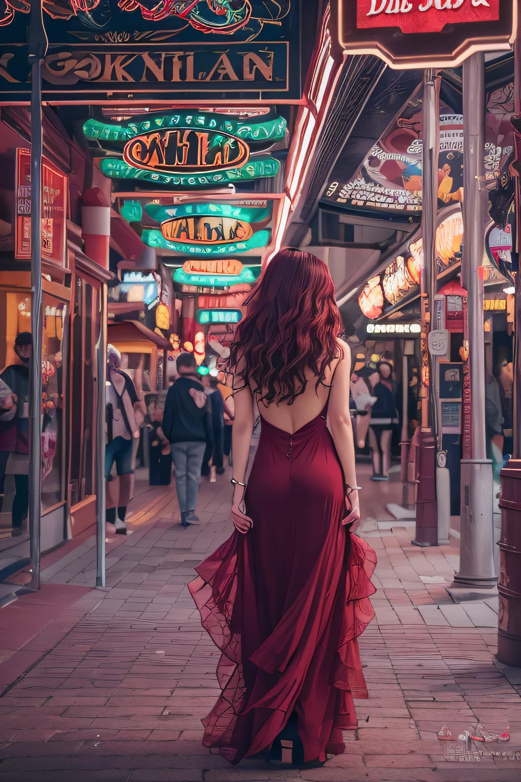 32K(tmasterpiece,k hd,hyper HD,32K)Long flowing dark red loose curls,Skinny Asian woman, dark red hair, in Las Vegas strip, with long dark red hair, high resolution, the detail, RAW photogr, Sharp Re, Nikon D850 Film Stock Photo by Jefferies Lee 4 Kodak Portra 400 Camera F1.6 shots, Rich colors, ultra-realistic vivid textures, Dramatic lighting, Unreal Engine Art Station Trend, cinestir 800