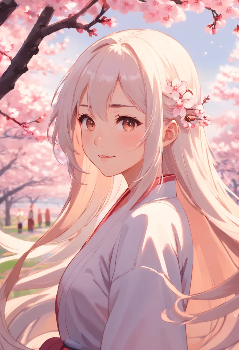 woman,peach blossom,long white hair,With a slight smile,The complexion is reddish,Behind it is mainly peach trees
