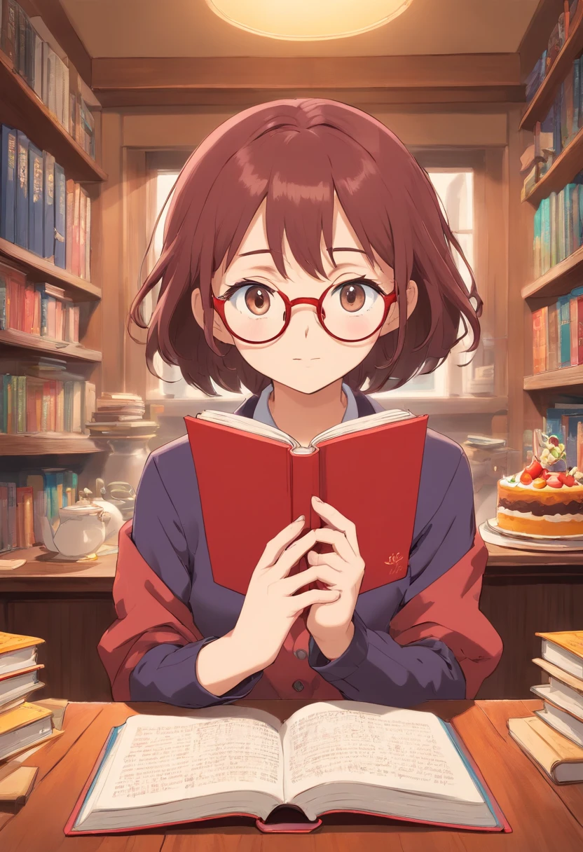 One woman with glasses,Please wear a shirt and suit pants,Sit behind a desk,Hold the book left and right,Fork in his right hand,There was a cake on the table,Flat illustration,UI styles,Behans Style