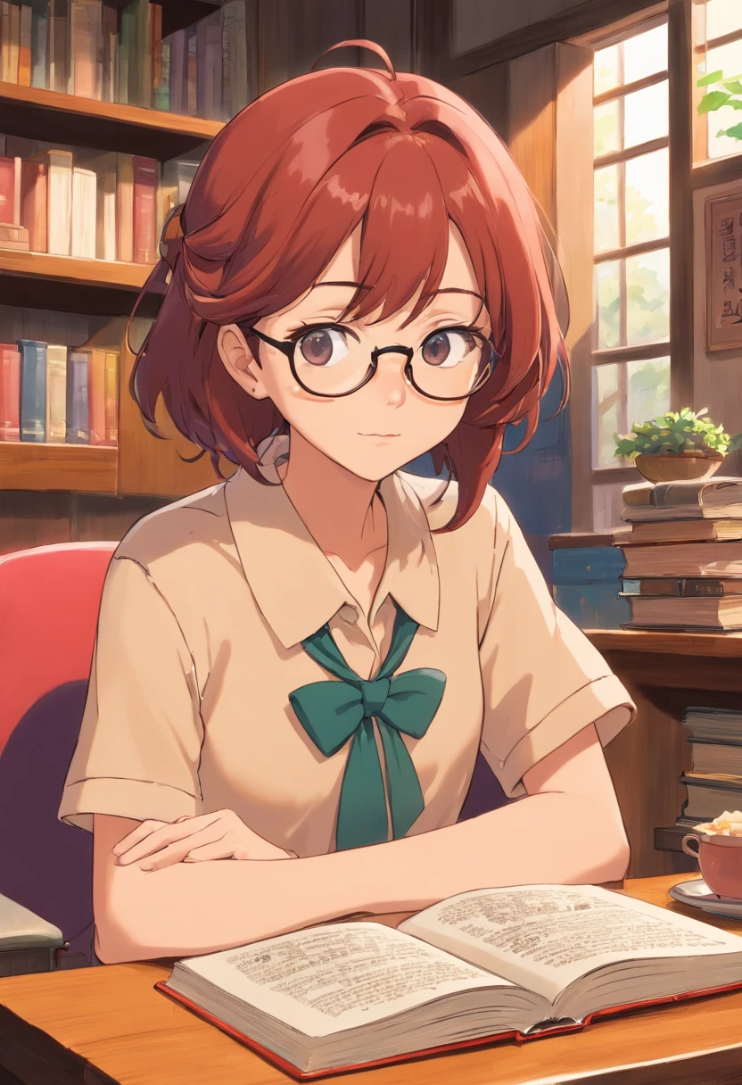 One woman with glasses，Please wear a shirt and suit pants，Sit behind a desk，Hold the book left and right，Fork in his right hand，There was a cake on the table，Flat illustration，UI styles，Behans Style