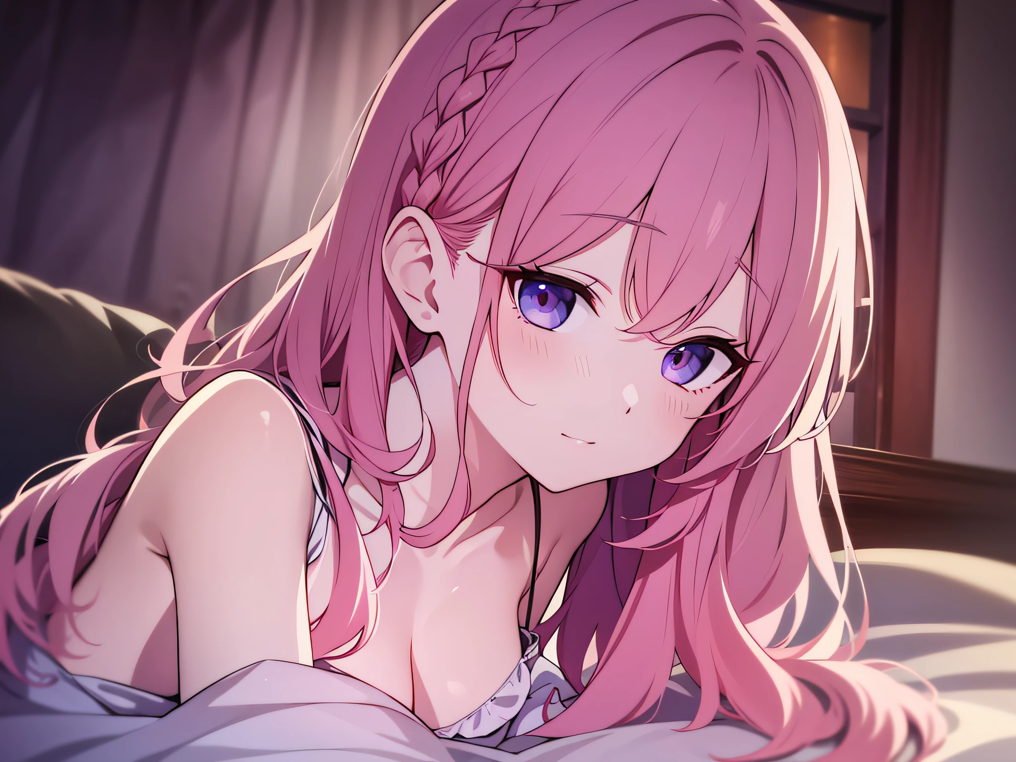 in 8K、top-quality、​masterpiece、ultra-detailliert、Ultra-high resolution、Anime style、on the beds、laying on back、Pink cheeks、A dark-haired、Braided hair、nightgown、bare shoulders​